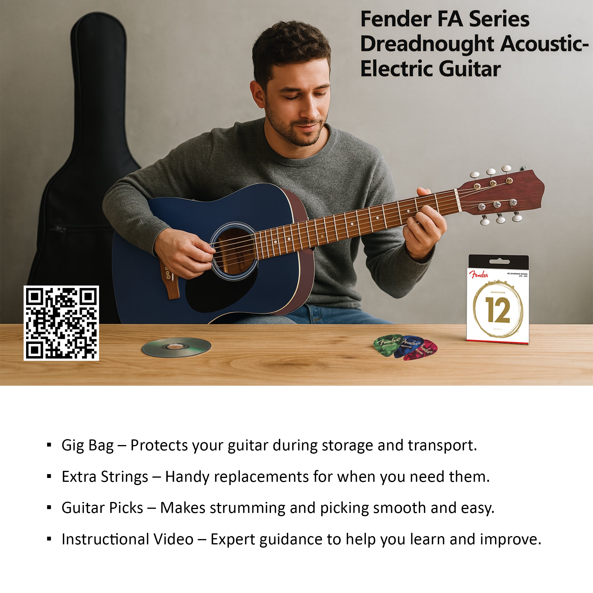 Fender FA Series Dreadnought Acoustic-Electric Guitar - Natural w/ Gig Bag