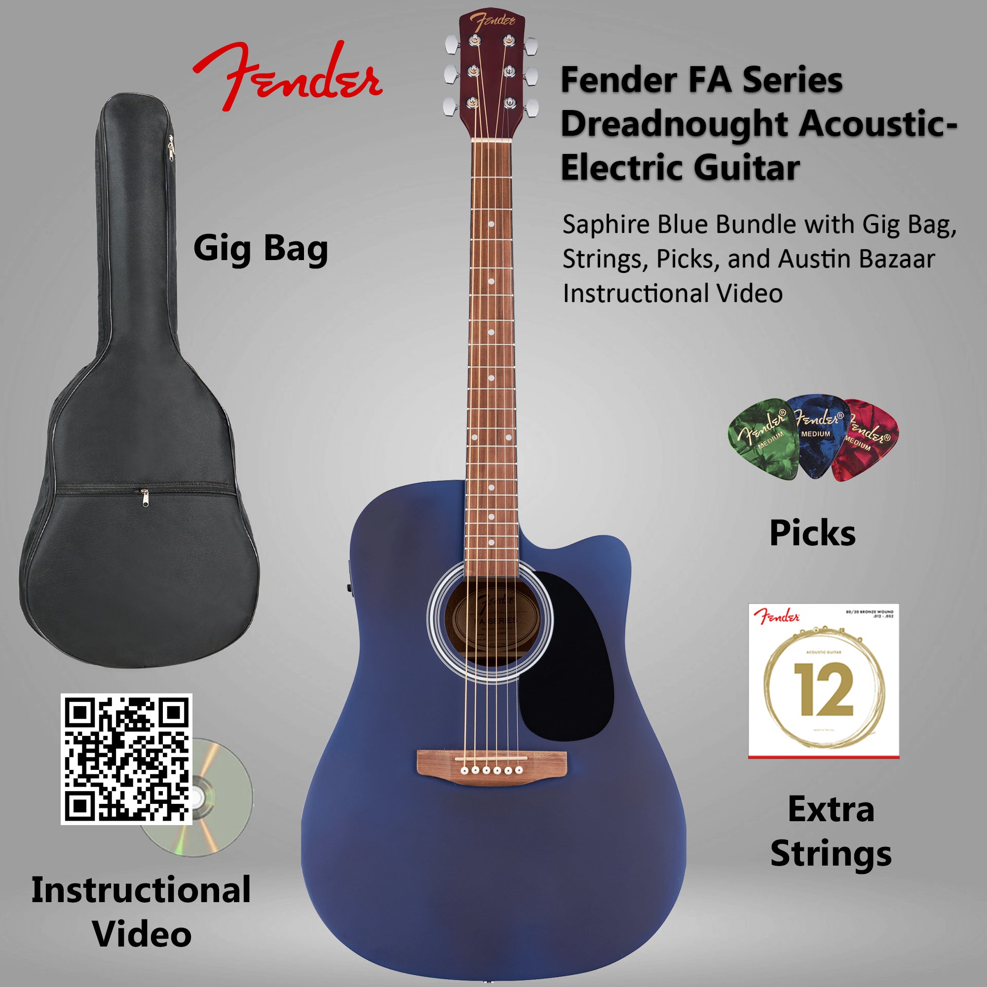 Fender FA Series Dreadnought Acoustic-Electric Guitar - Saphire Blue w/ Gig Bag