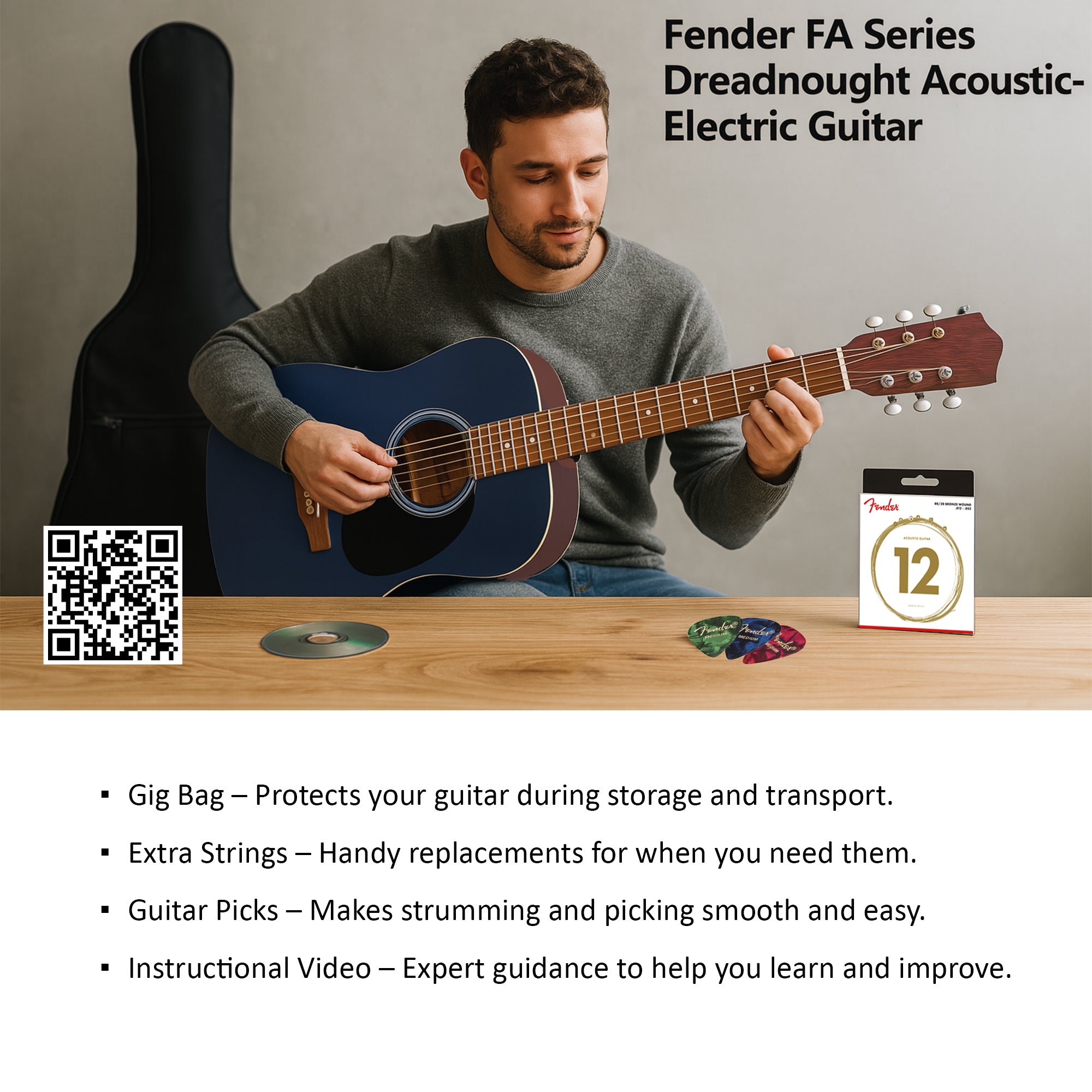 Fender FA Series Dreadnought Acoustic-Electric Guitar - Saphire Blue w/ Gig Bag