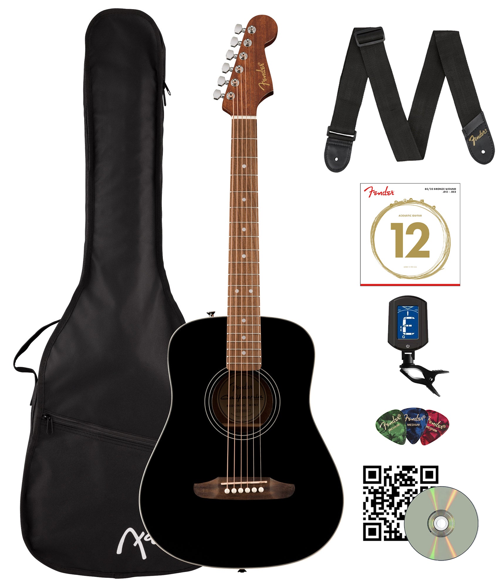 Fender California Standard Redondo Mini Acoustic Guitar - Black w/ Tuner