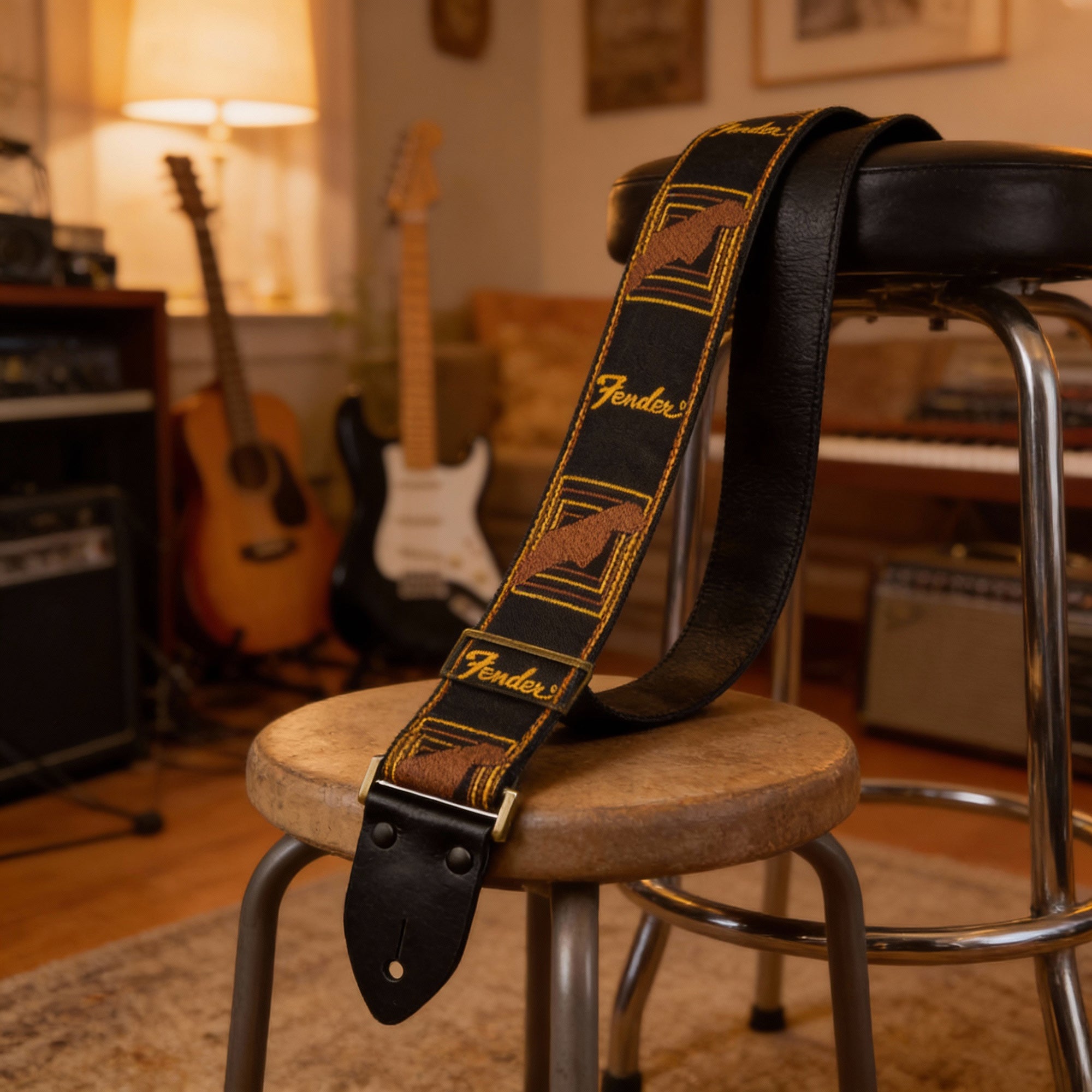Fender Monogrammed Guitar Strap - Yellow and Brown w/ Strap Blocks