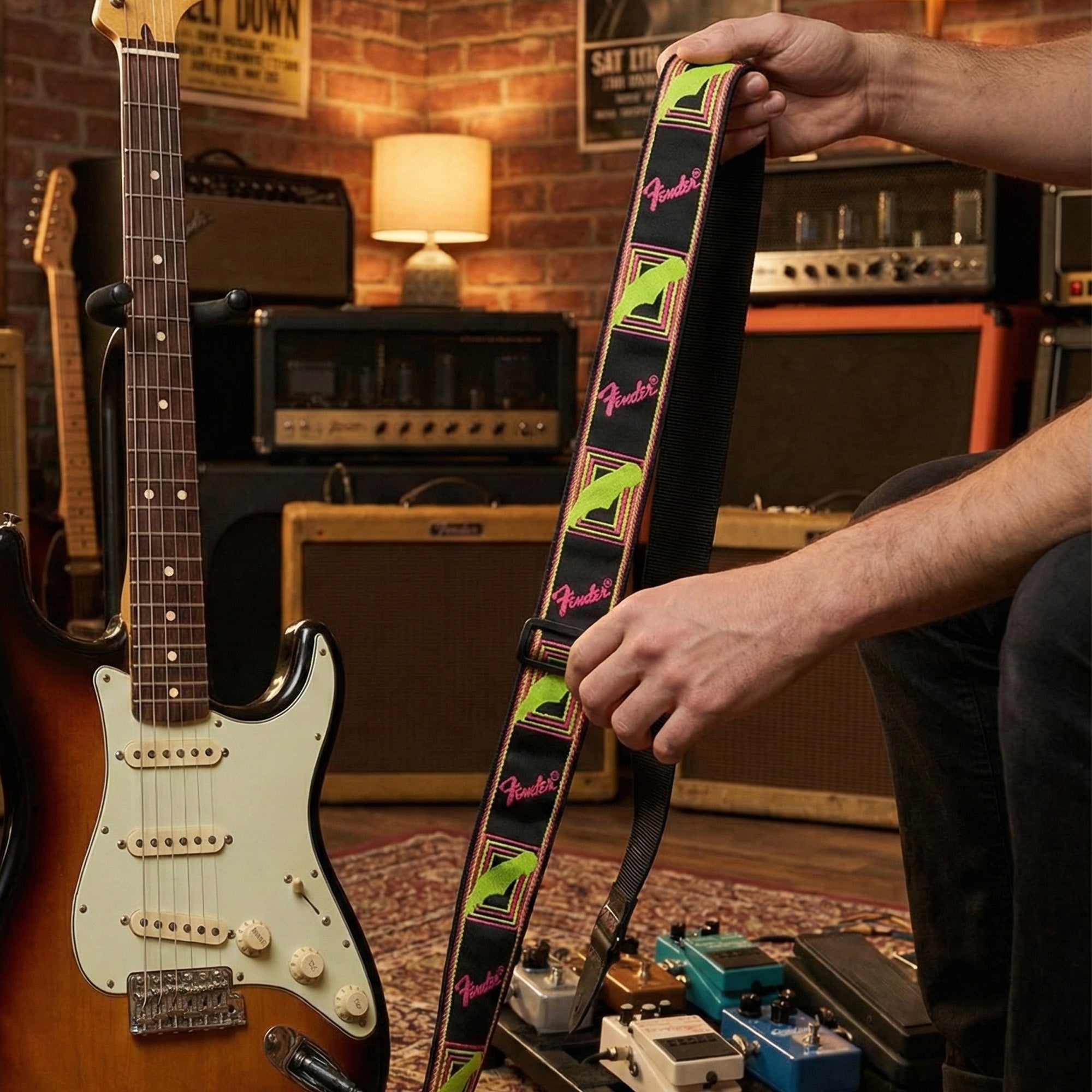 Fender Neon Monogrammed 2-Inch Guitar Strap - Pink and Yellow w/ Strap Blocks