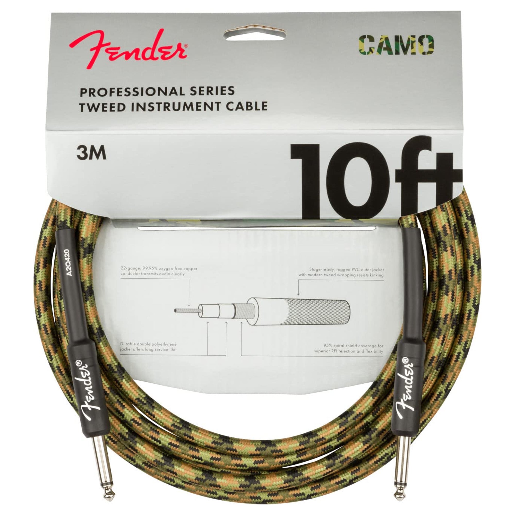Fender 10-Foot Professional Tweed Instrument Cable, Straight-Straight, Woodland Camo - 1 Pack