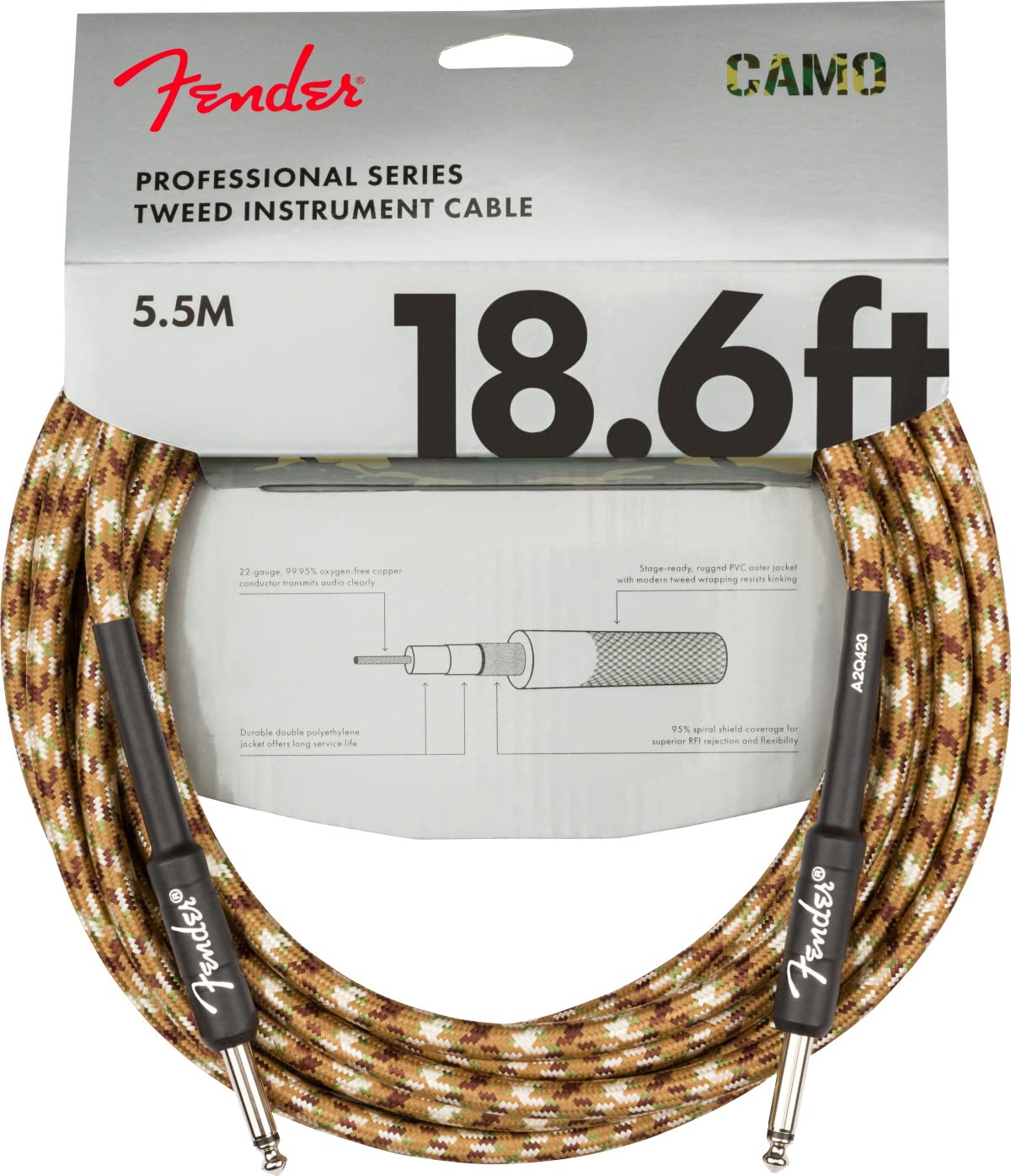 Fender 18.6-Foot Professional Tweed Instrument Cable, Straight-Straight, Desert Camo - 1 Pack