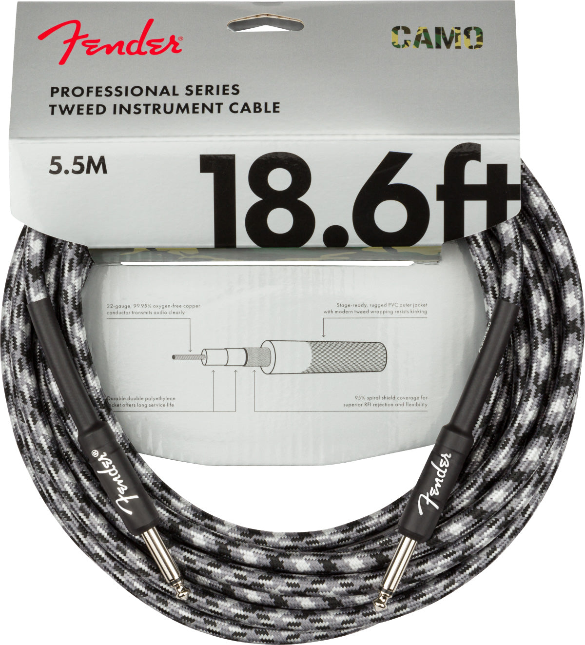 Fender 18.6-Foot Professional Tweed Instrument Cable, Straight-Straight, Winter Camo - 2 Pack