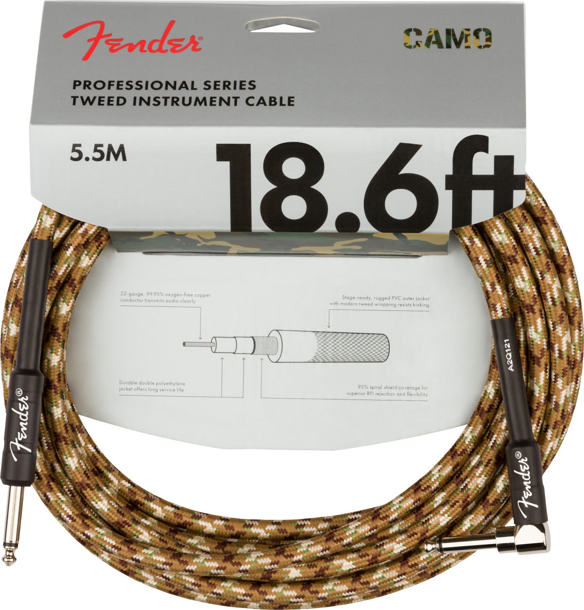 Fender 18.6-Foot Professional Instrument Cable, Straight-Angled, Desert Camo - 1 Pack