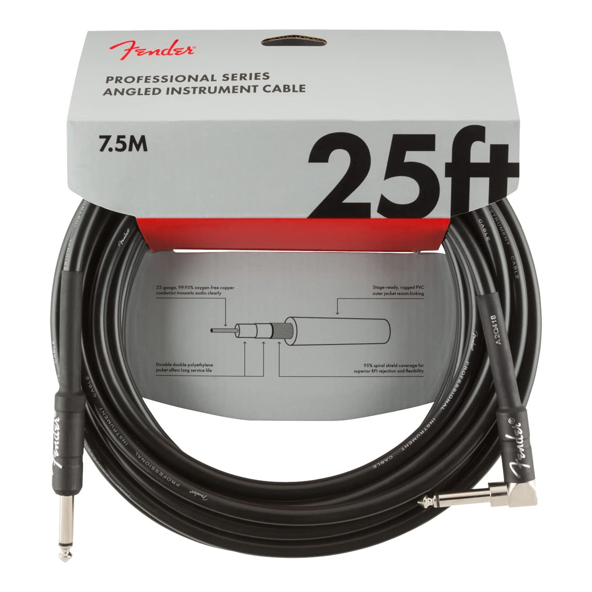 Fender 25-Foot Professional Instrument Cable, Straight-Angled, Black - 1 Pack