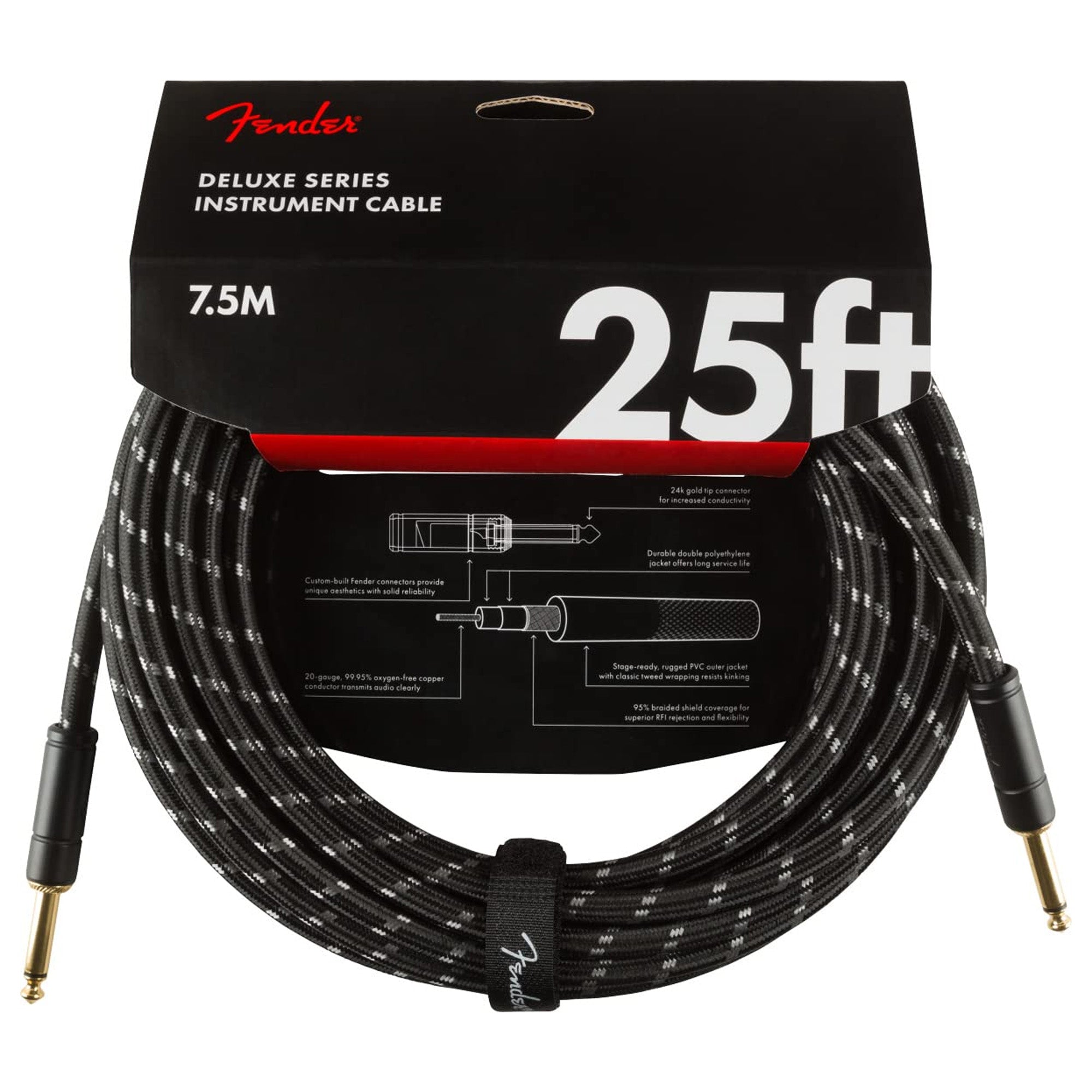 Fender 25-Foot Deluxe Instrument Cable, Straight-Straight, Black Tweed - 1 Pack