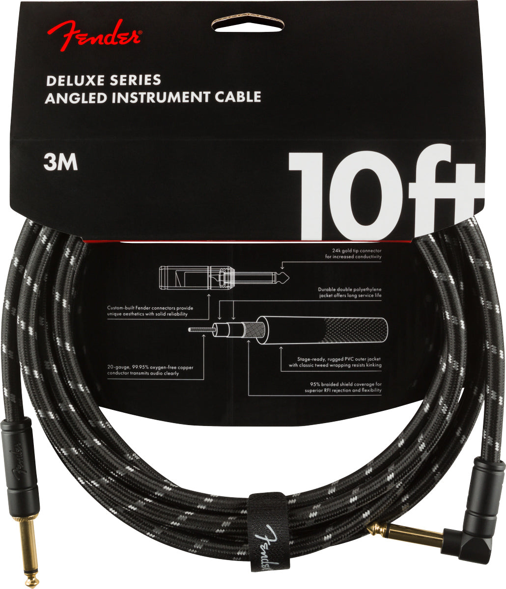 Fender 10-Foot Deluxe Instrument Cable, Straight-Angled, Black Tweed - 2 Pack