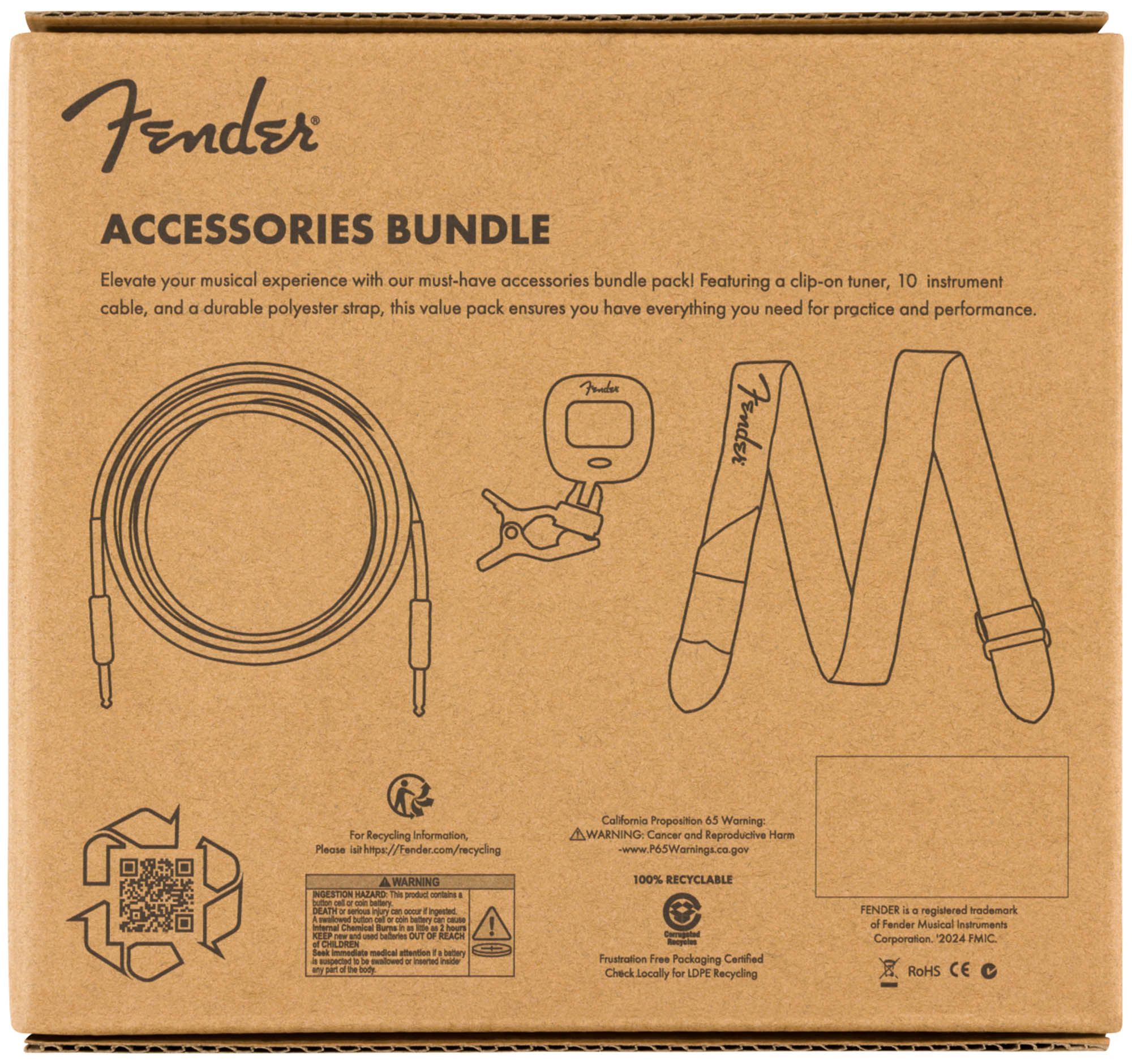 Fender Accessory Essentials Pack Bundle with Cable, Clip-On Tuner, Strap, 3-Pack Picks, and Austin Bazaar Polishing Cloth