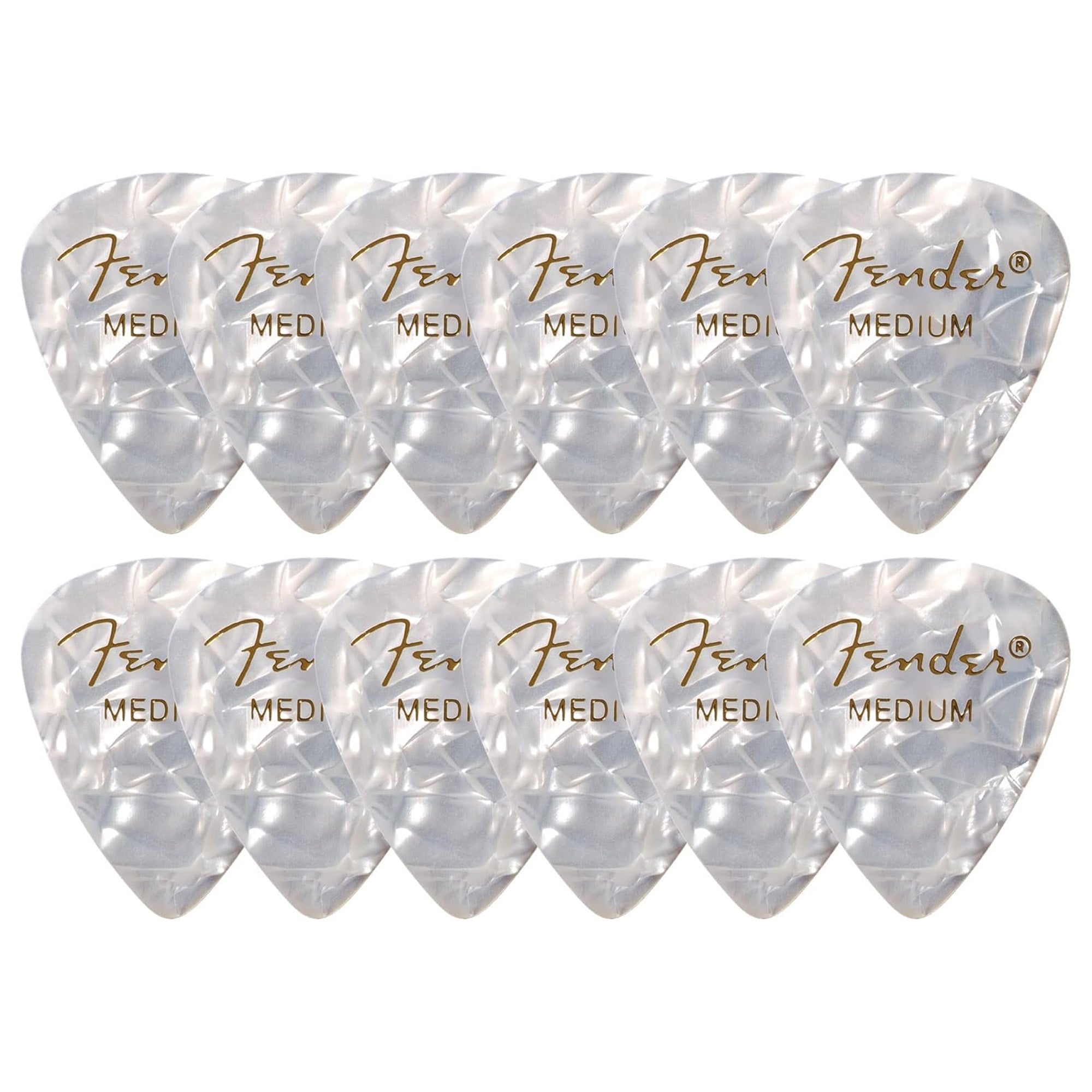 Fender Premium Celluloid 351 Shape Picks, Medium, White Moto - 12 Pack