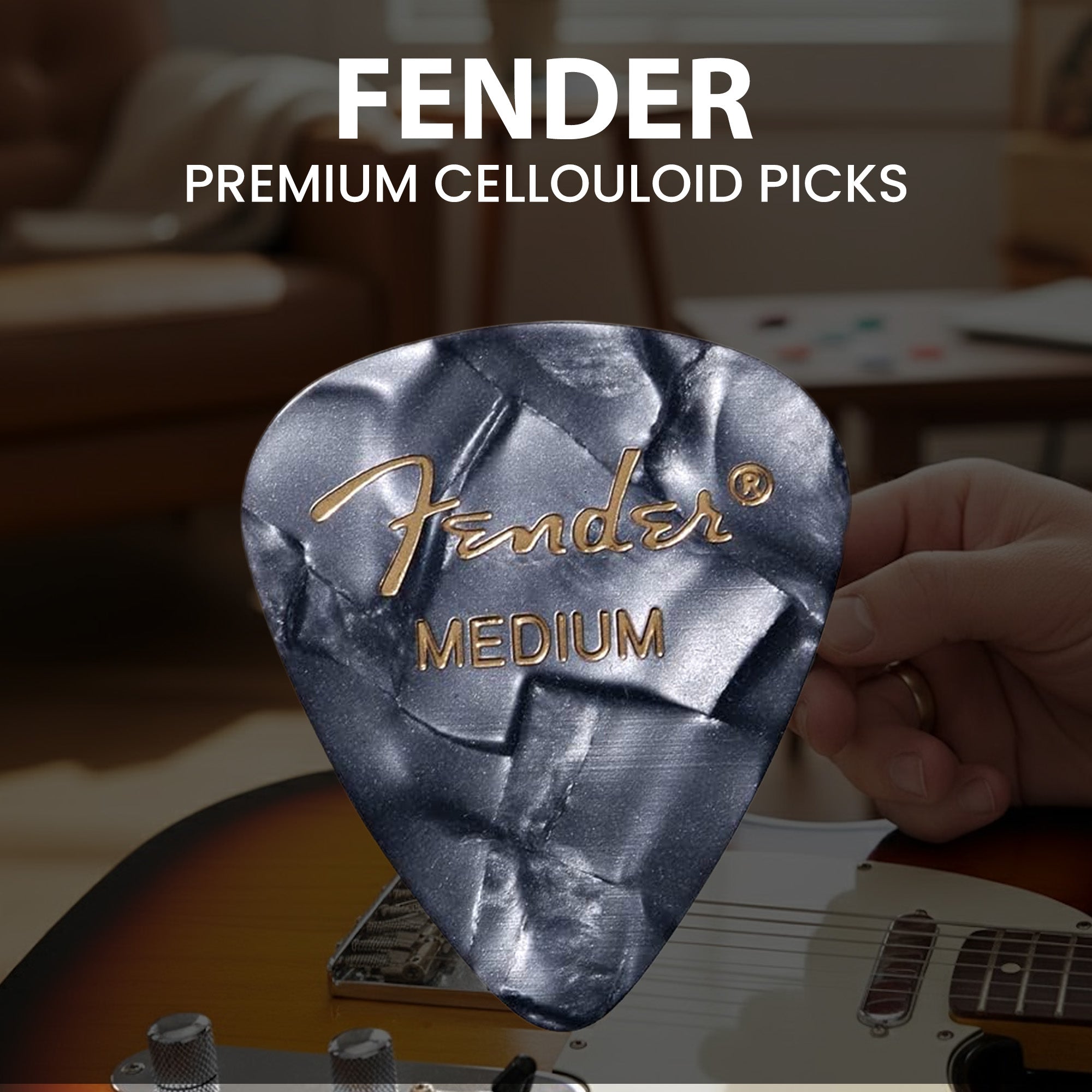 Fender Premium Celluloid 351 Shape Picks, Medium, Black Moto - 12 Pack
