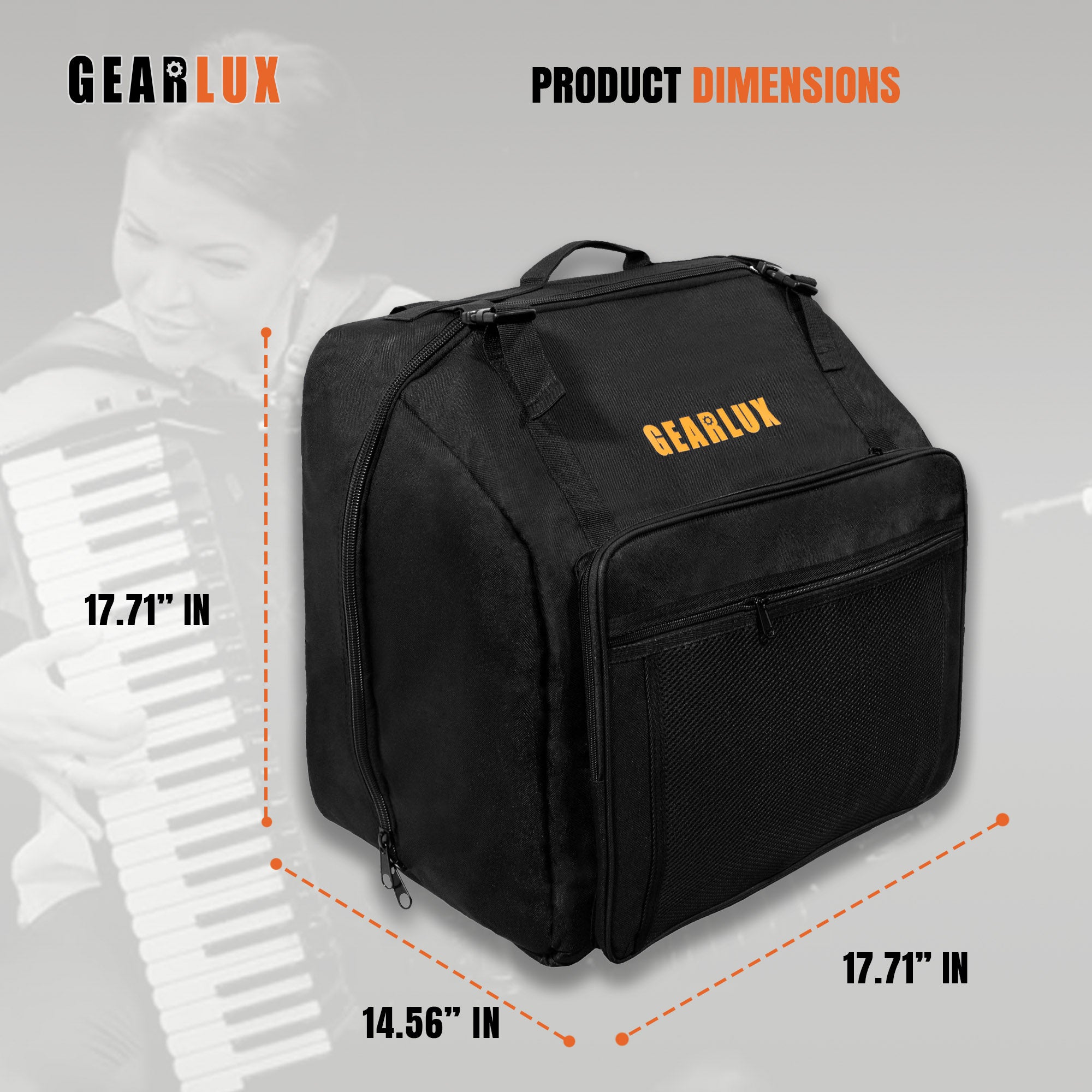 Gearlux Accordion Backpack Gig Bag with Shoulder Straps and A4-Size Pouch - Black