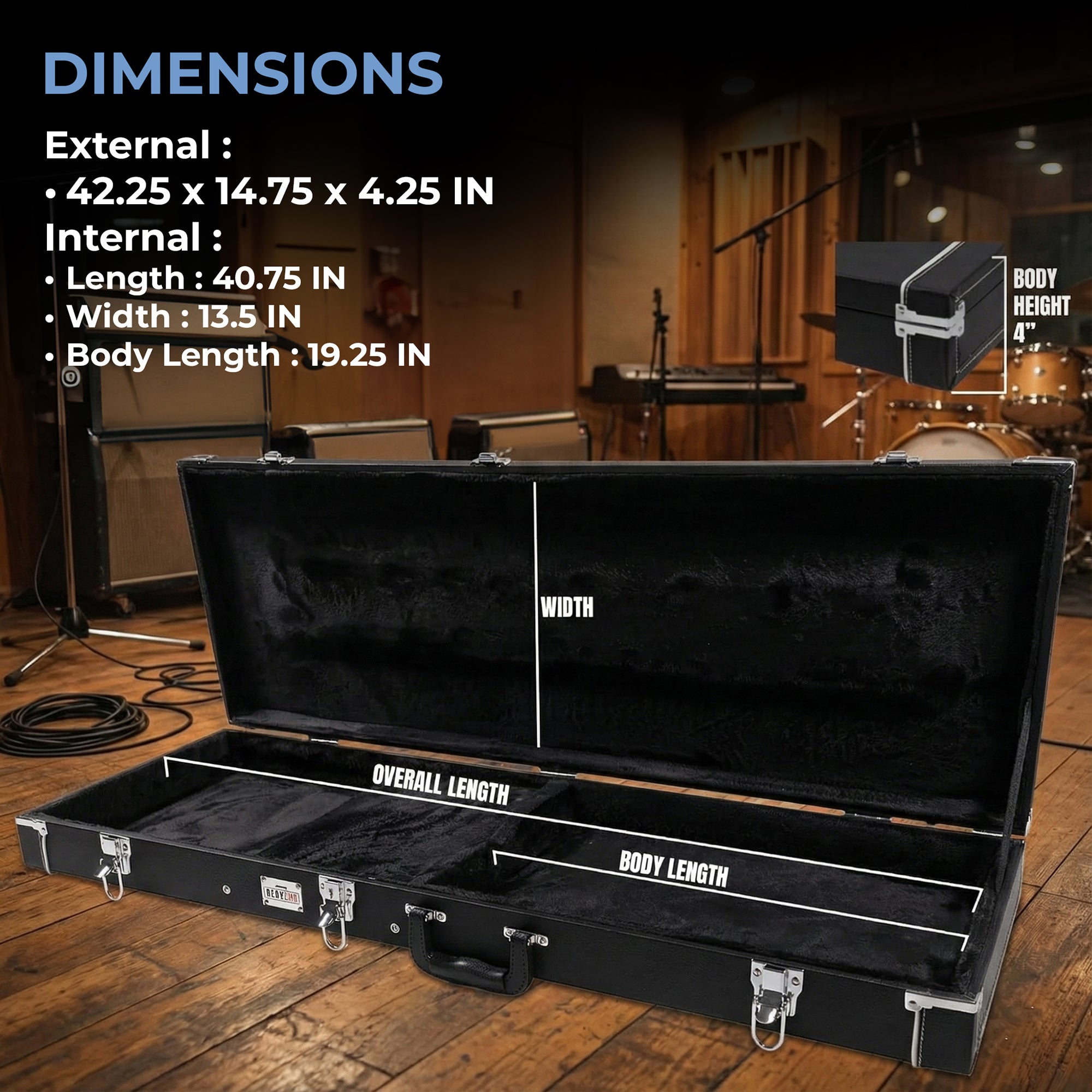 Gearlux Rectangular Electric Guitar Wooden Hard Case - Black