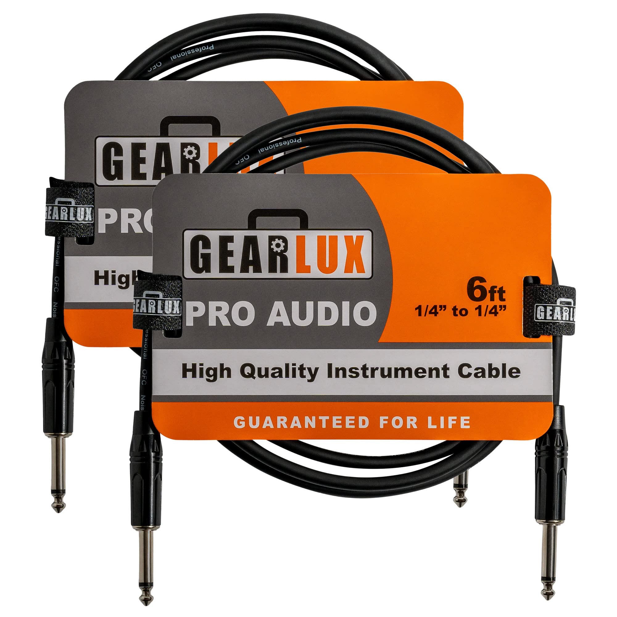 Gearlux 6-Foot Instrument Cable, 1/4 Inch, Straight-Straight, Black - 2 Pack