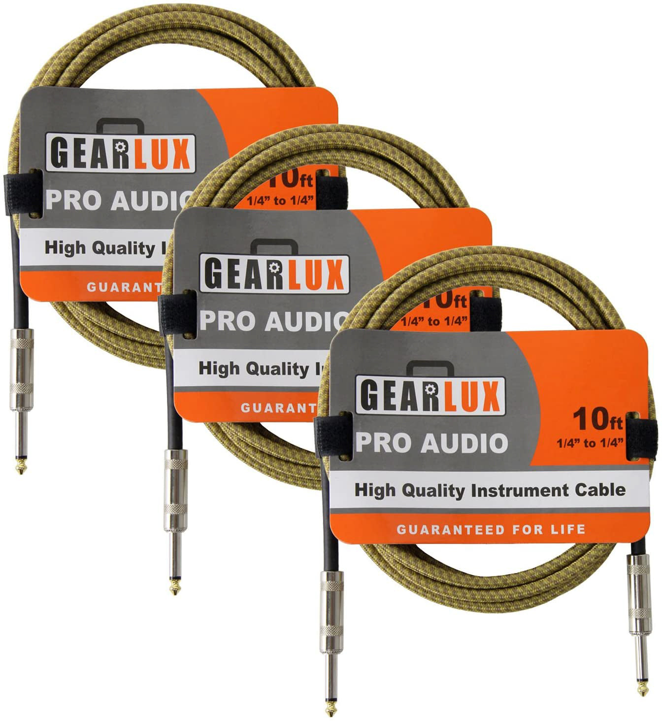 Gearlux Instrument Cable, 1/4 Inch, Straight-Straight, Tweed, 10 Foot - 3 Pack