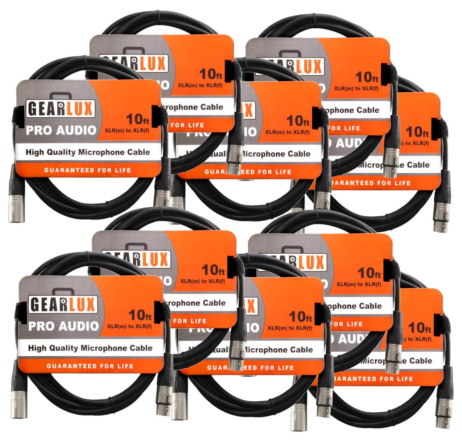 Gearlux 10-Foot XLR Microphone Cable, Fully Balanced, Male to Female, Black - 10 Pack