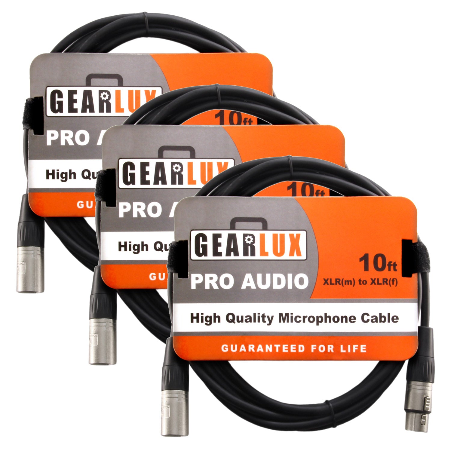 Gearlux 10-Foot XLR Microphone Cable, Fully Balanced, Male to Female, Black - 3 Pack