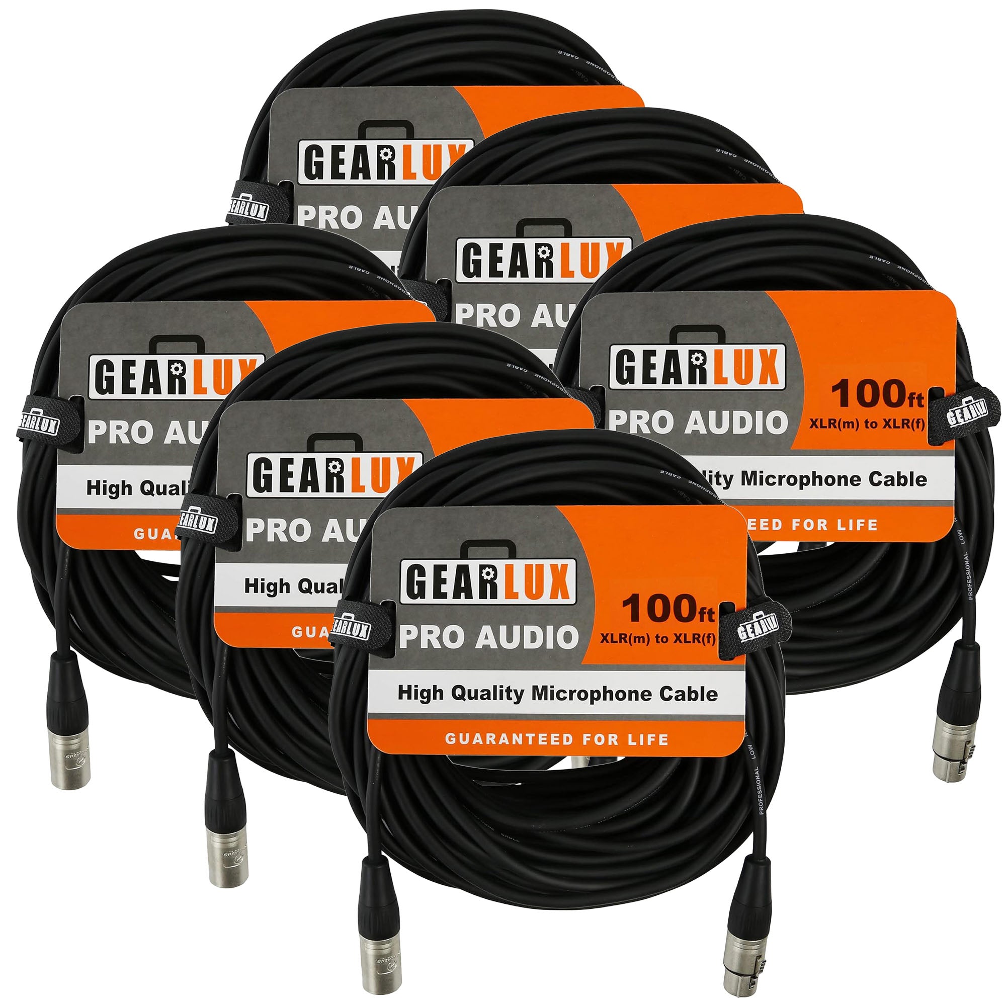Gearlux 100-Foot XLR Microphone Cable, Fully Balanced, Male to Female, Black - 6 Pack