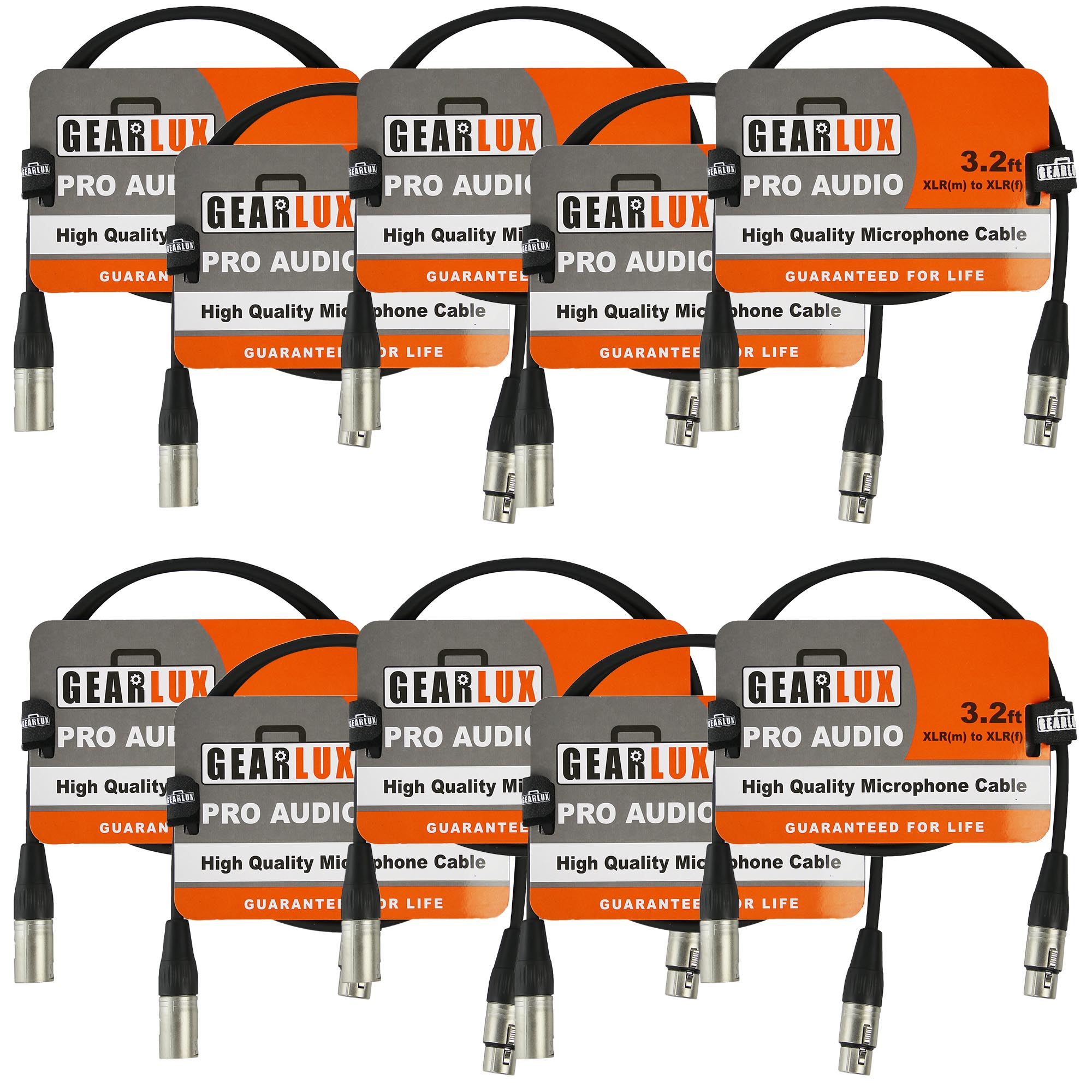 Gearlux 3.2-Foot XLR Microphone Cable, Fully Balanced, Male to Female, Black - 10 Pack