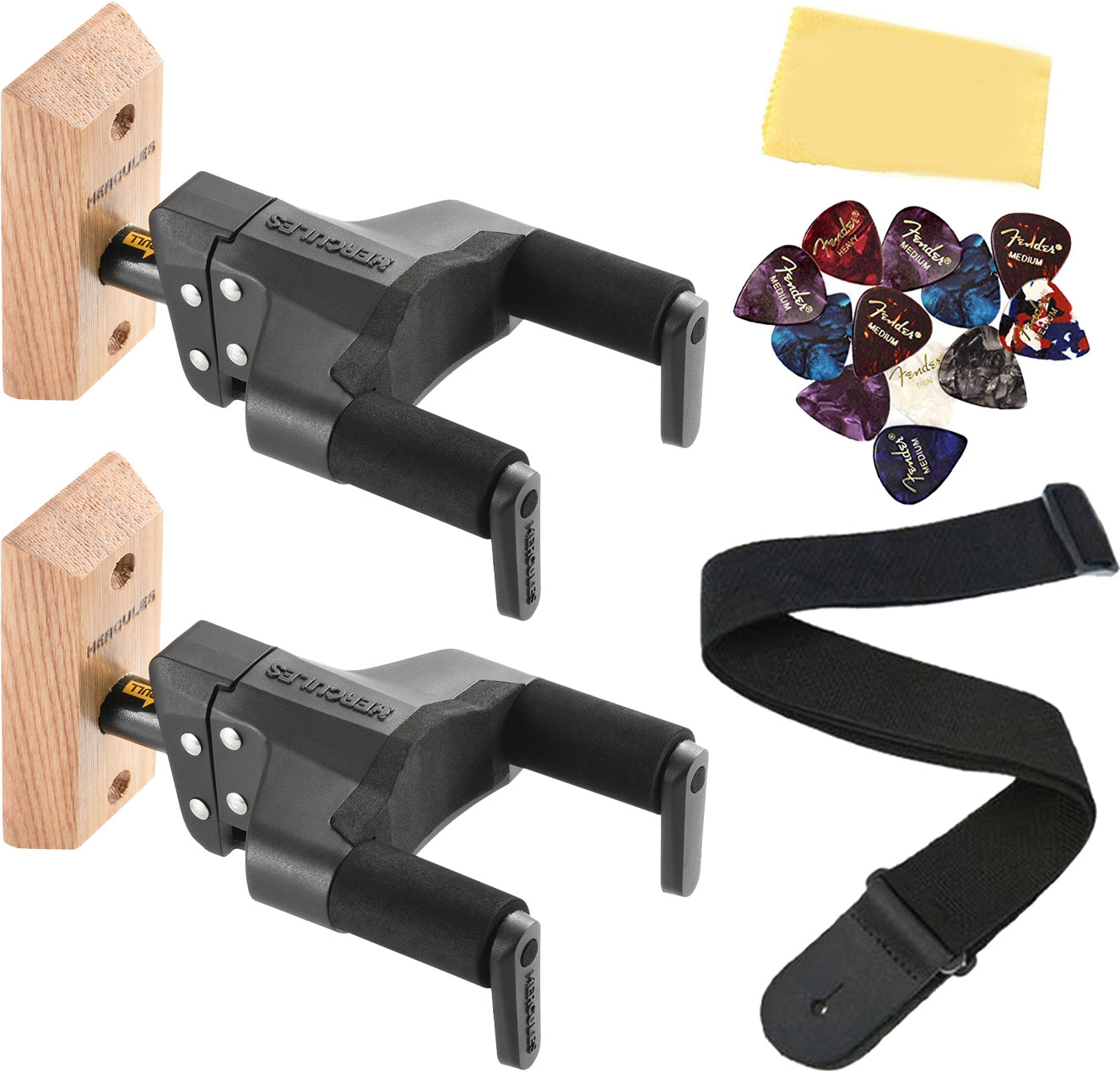 Hercules GSP38WB PLUS Auto Grip Guitar Hanger, Wood Base, Short Arm - 2 Pack w/ Strap