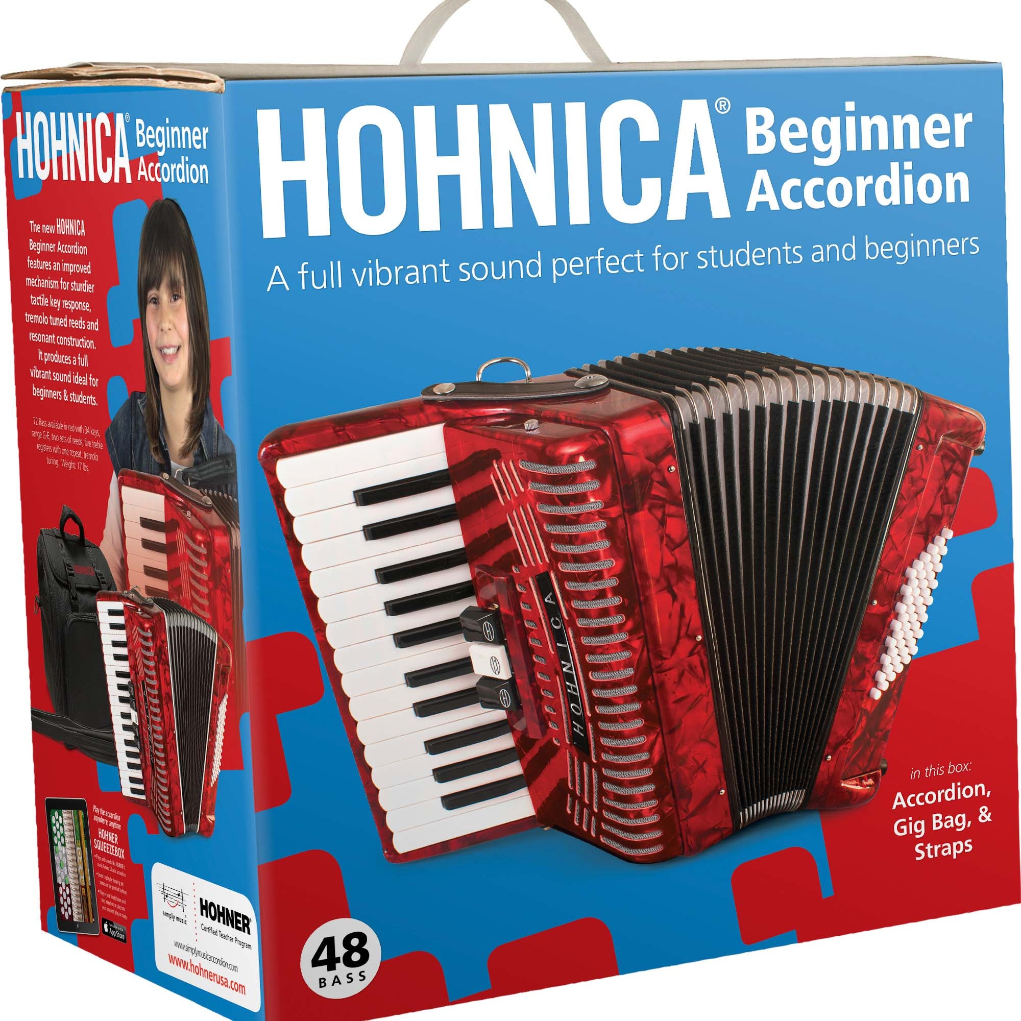 Hohner Hohnica 1304 48 Bass Piano Accordion - Pearl Red