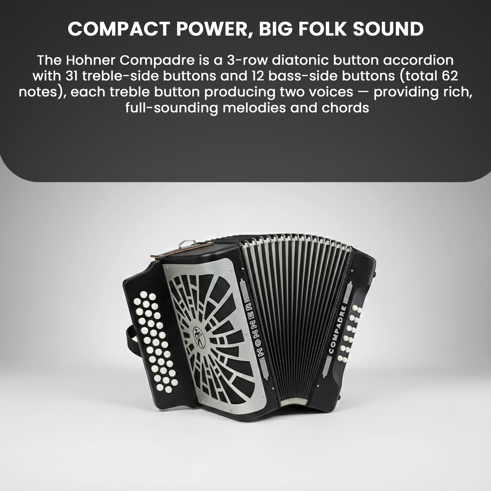 Hohner Compadre FBbEb 3-Row Diatonic Accordion - Black w/ Gig Bag