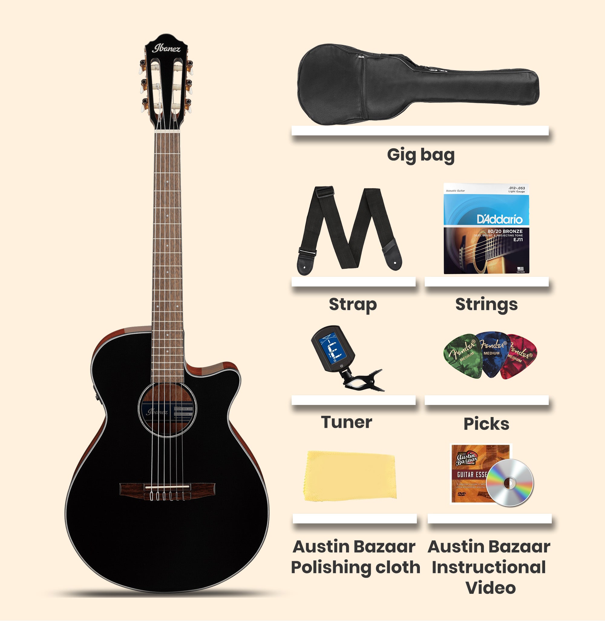 Ibanez AEG50N AEG Nylon String Acoustic-Electric Guitar - Black High Gloss Top w/ Gig Bag