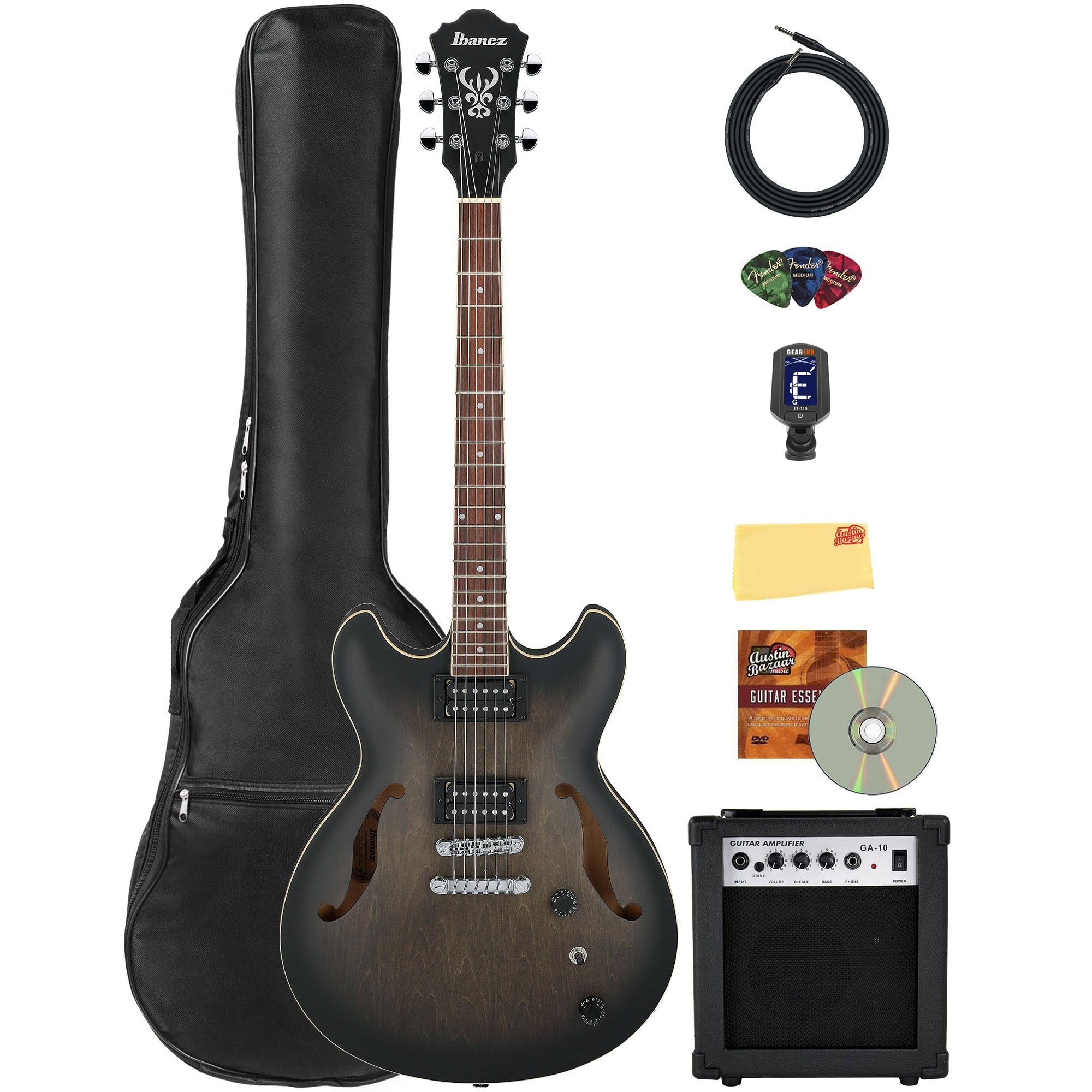 Ibanez AS53 AS Artcore Hollow Body Electric Guitar - Transparent Black Flat w/ Amplifier
