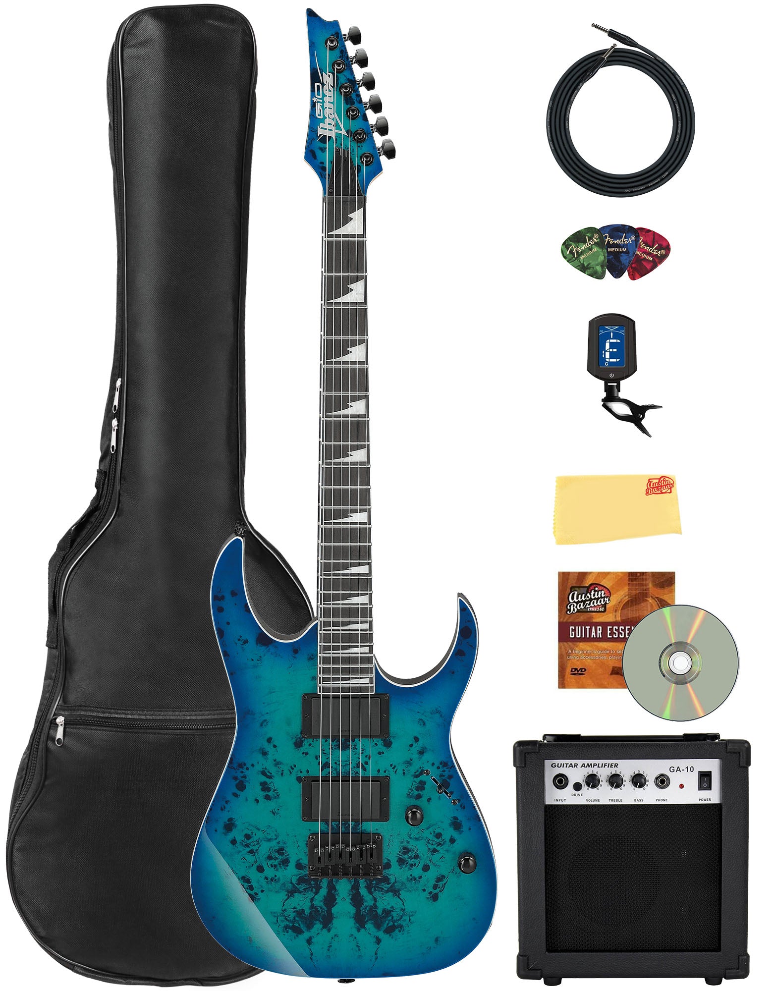 Ibanez GRGR221PA RG Gio Electric Guitar - Aqua Burst w/ Amplifier
