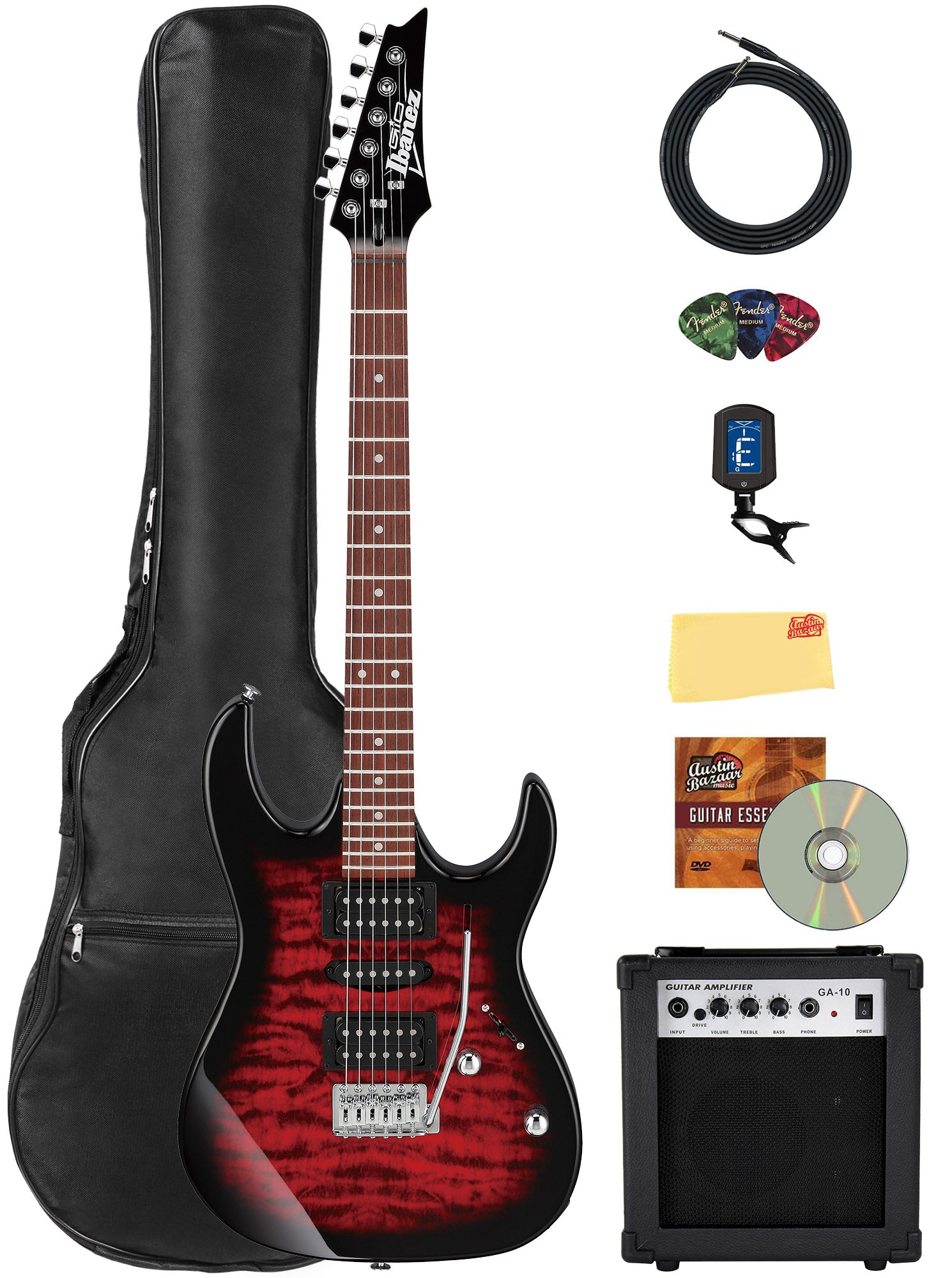 Ibanez GRX70QA RG Gio Electric Guitar - Transparent Red Burst w/ Amplifier