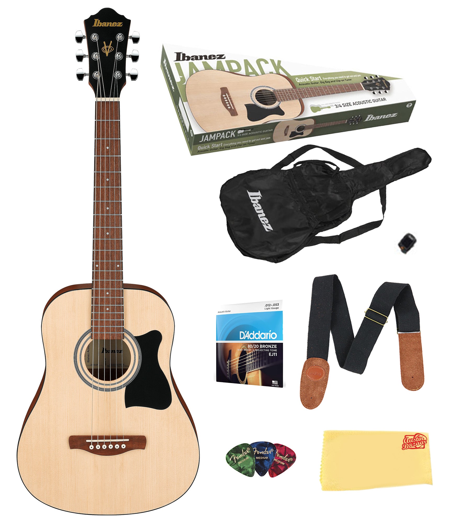 Ibanez IJV30 JamPack 3/4-Size Mini Dreadnought Acoustic Guitar Pack - Open Pore Natural w/ Gig Bag