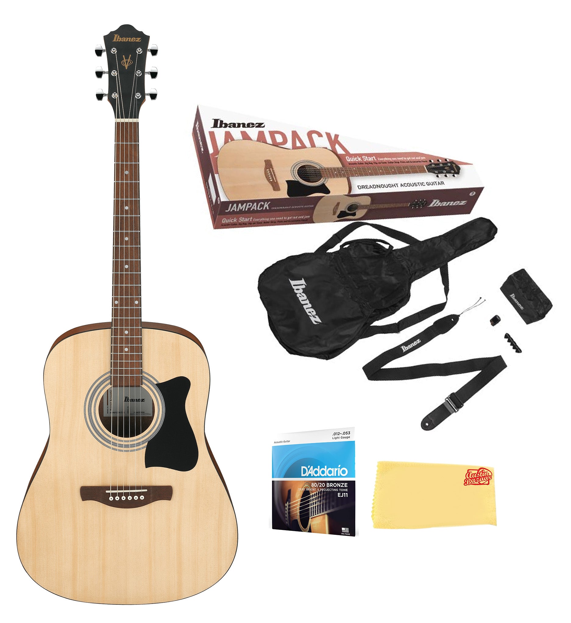 Ibanez IJV50 JamPack Dreadnought Acoustic Guitar Pack - Open Pore Natural w/ Gig Bag