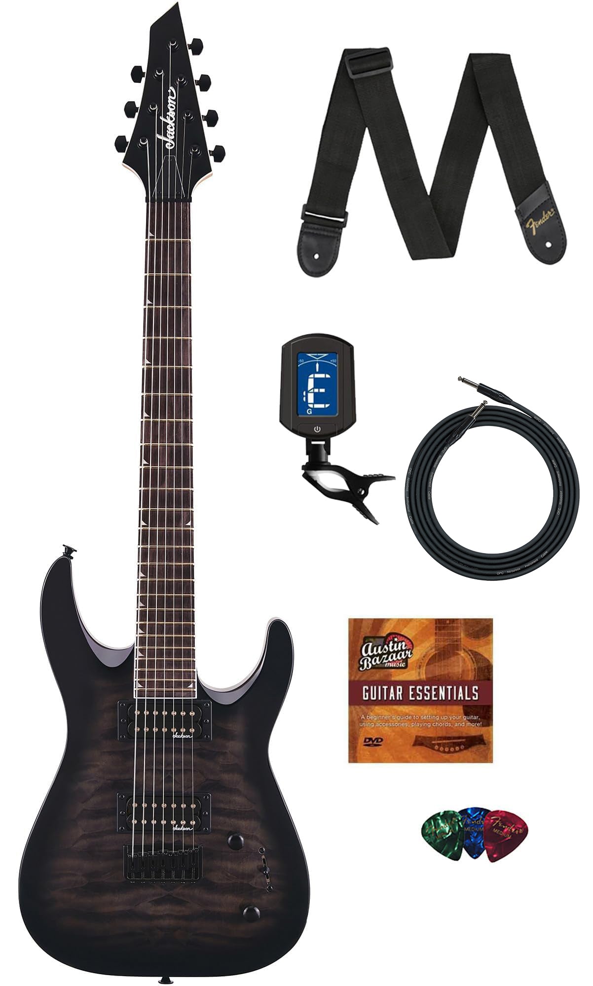 Jackson Dinky Arch Top JS22Q-7 Electric Guitar - Transparent Black Burst w/ Instrument Cable