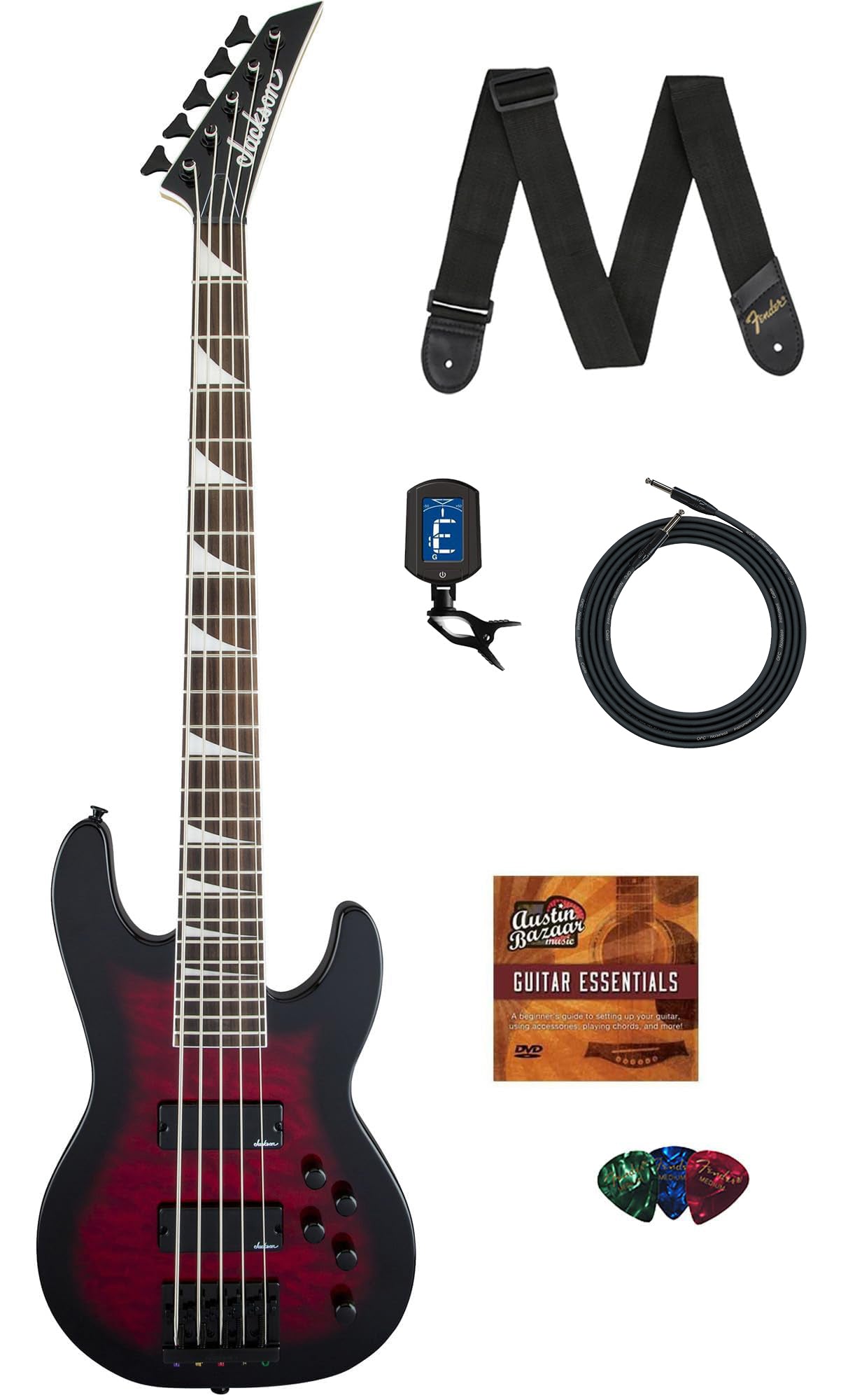Jackson Concert Bass JS3VQ Bass Guitar - Transparent Red Burst w/ Instrument Cable