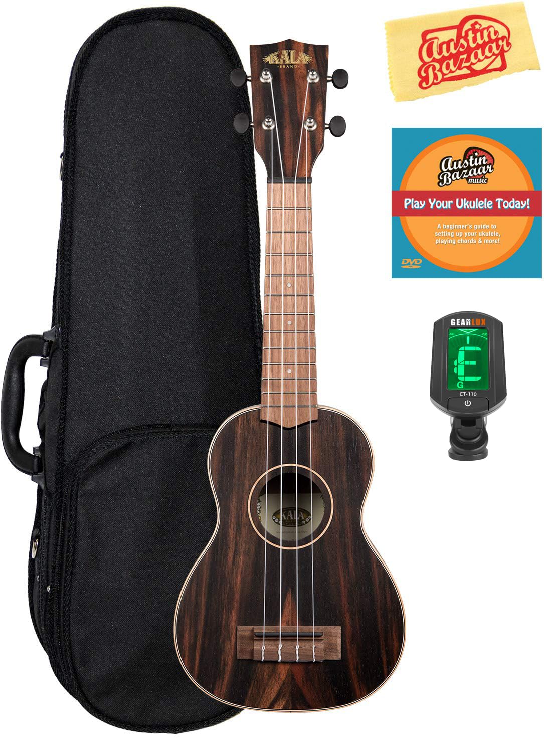Kala KA-EBY-S Striped Ebony Soprano Ukulele w/ Hard Case
