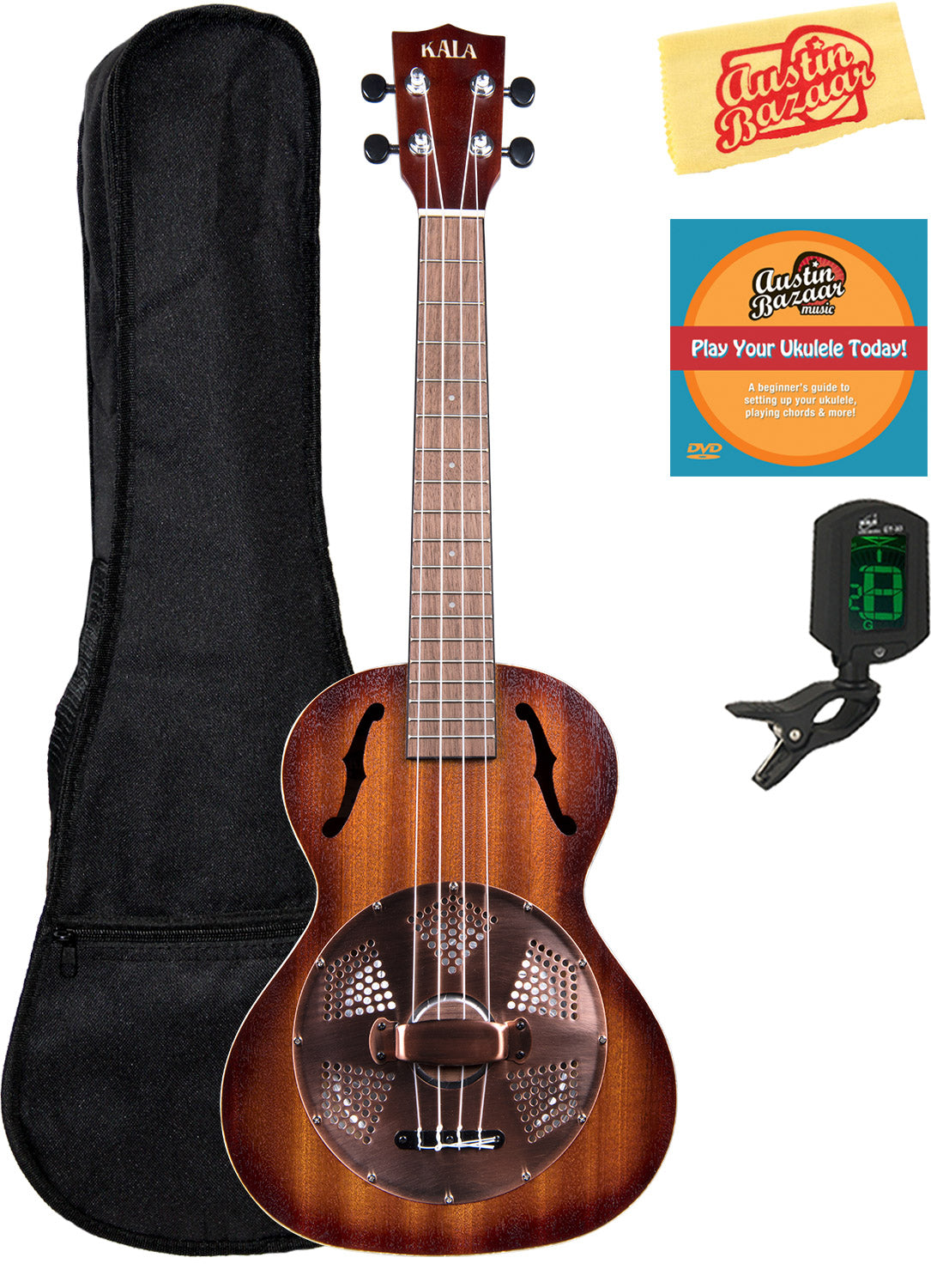 Kala KA-RES-BRS Tenor Resonator Ukulele with Brass Cover - Mahogany Burst w/ Gig Bag