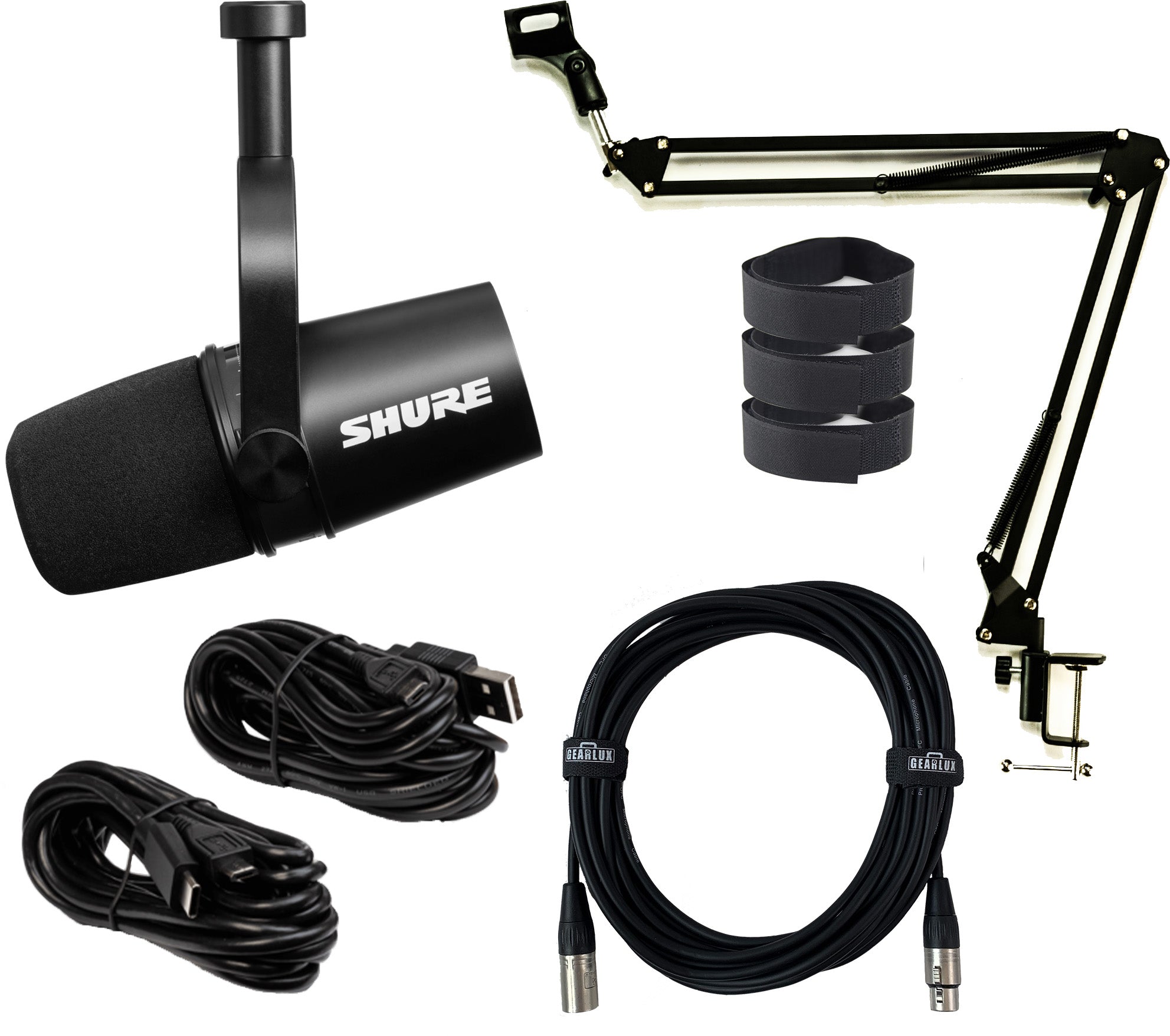 Shure MV7-K Podcast Microphone - Black w/ Desk Boom Arm Stand