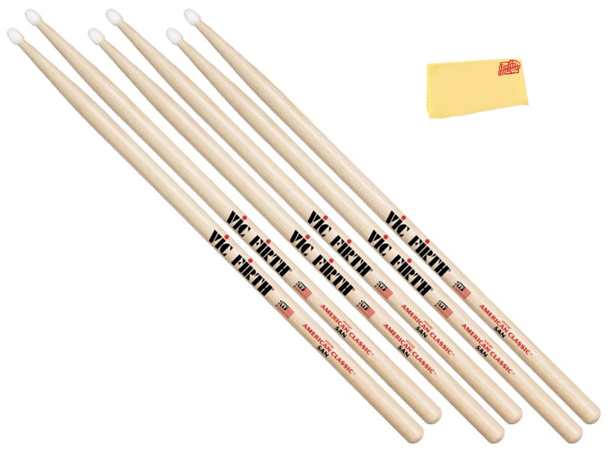 Vic Firth American Classic 5A Nylon Tip Drumsticks - 3 Pack w/ Austin Bazaar Polishing Cloth
