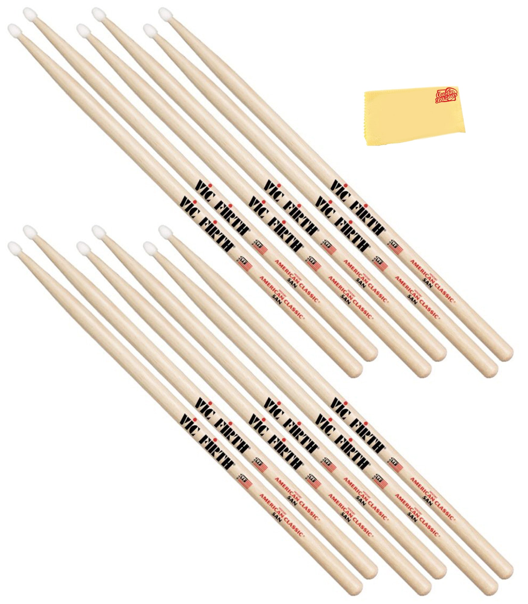 Vic Firth American Classic 5A Nylon Tip Drumsticks - 6 Pack w/ Austin Bazaar Polishing Cloth