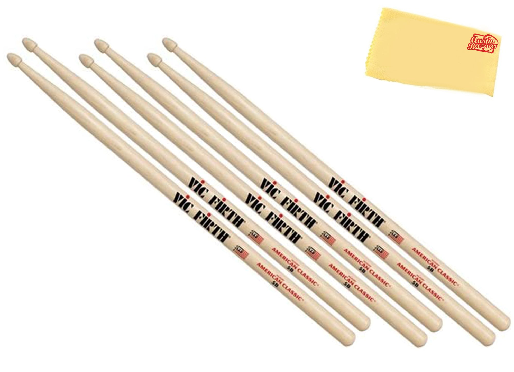 Vic Firth American Classic 5B Drumsticks - 3 Pack w/ Polishing Cloth