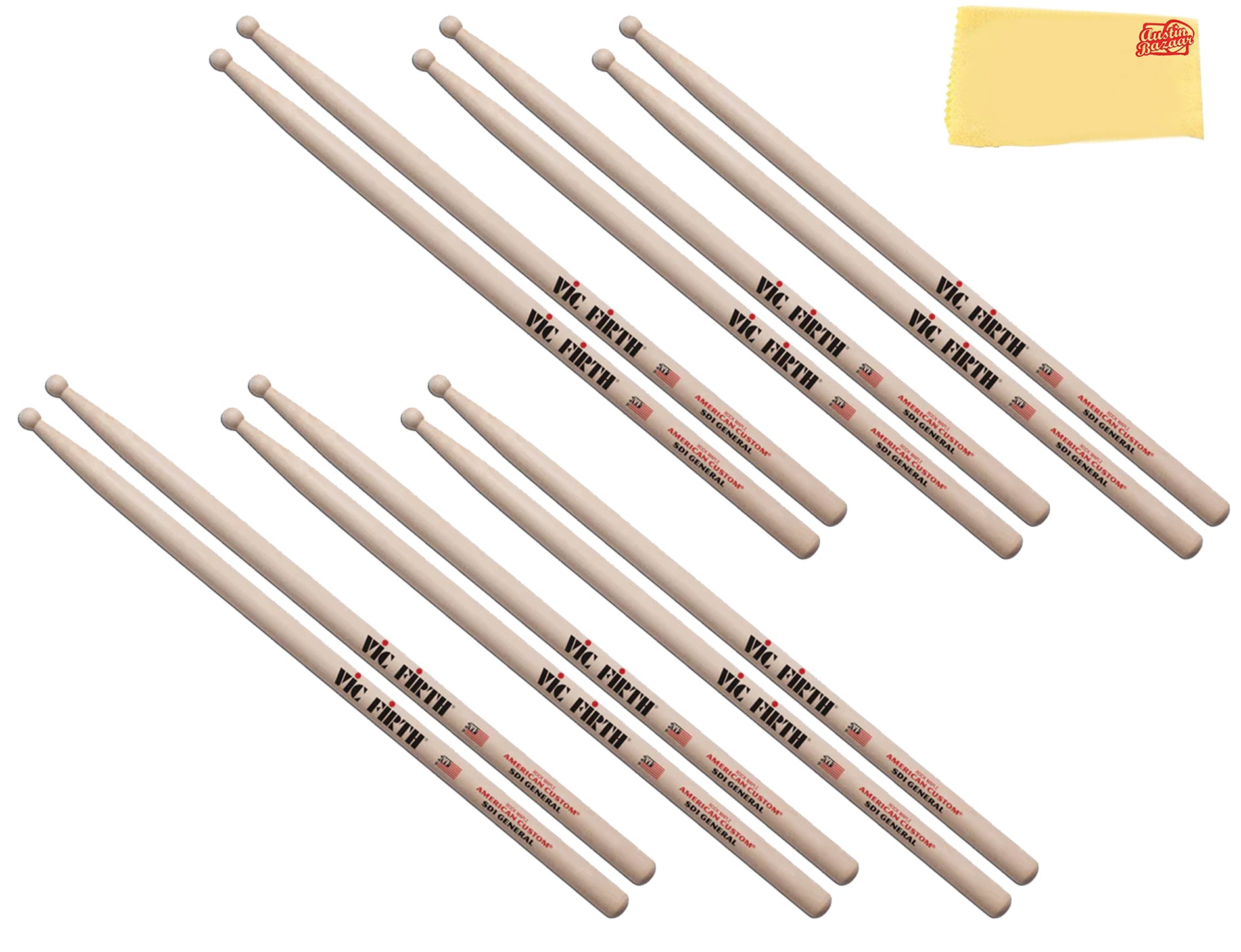 Vic Firth American Custom SD1 General Drumsticks - 6 Pack w/ Polishing Cloth