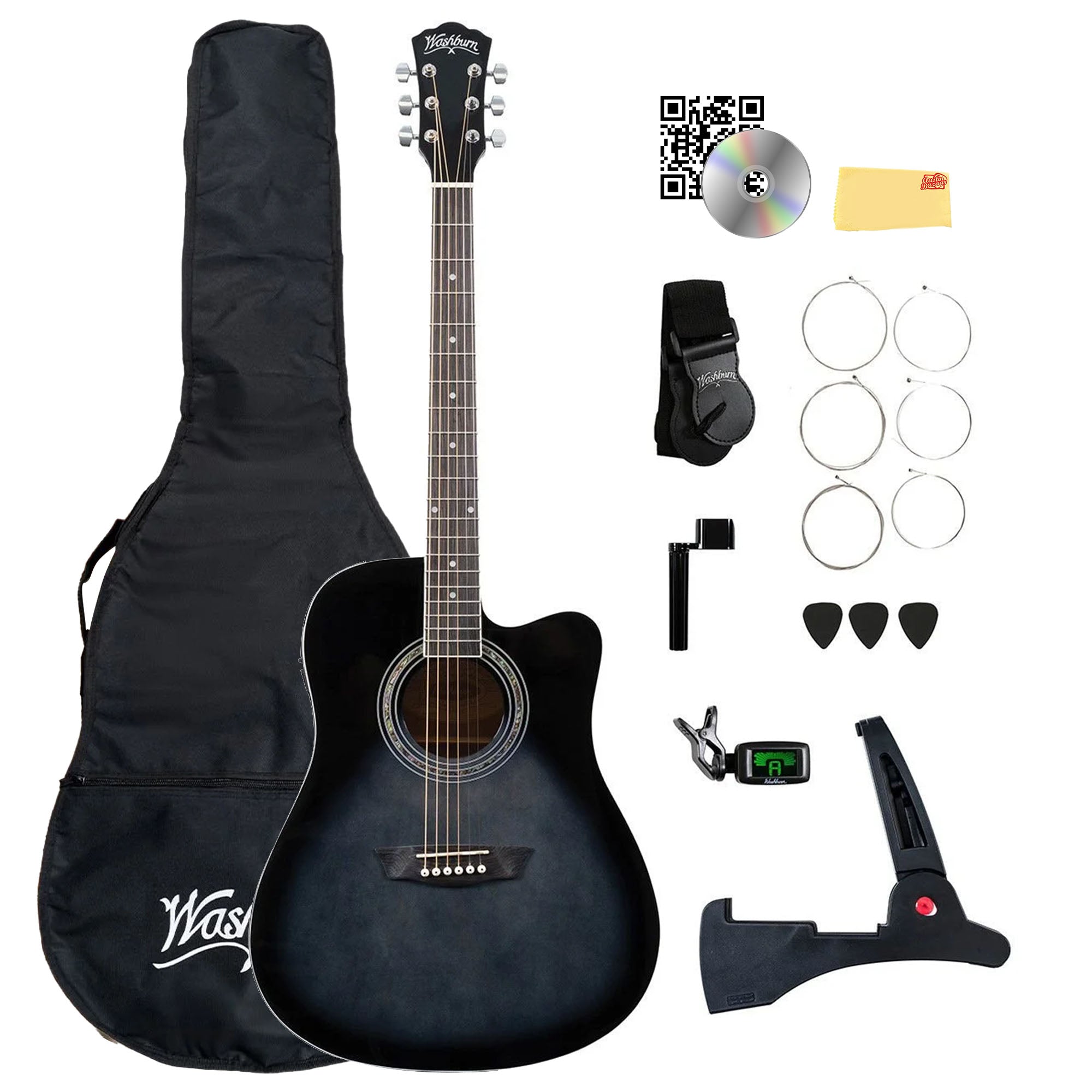 Washburn WA90CE Acoustic-Electric Guitar Kit - Black w/ Gig Bag