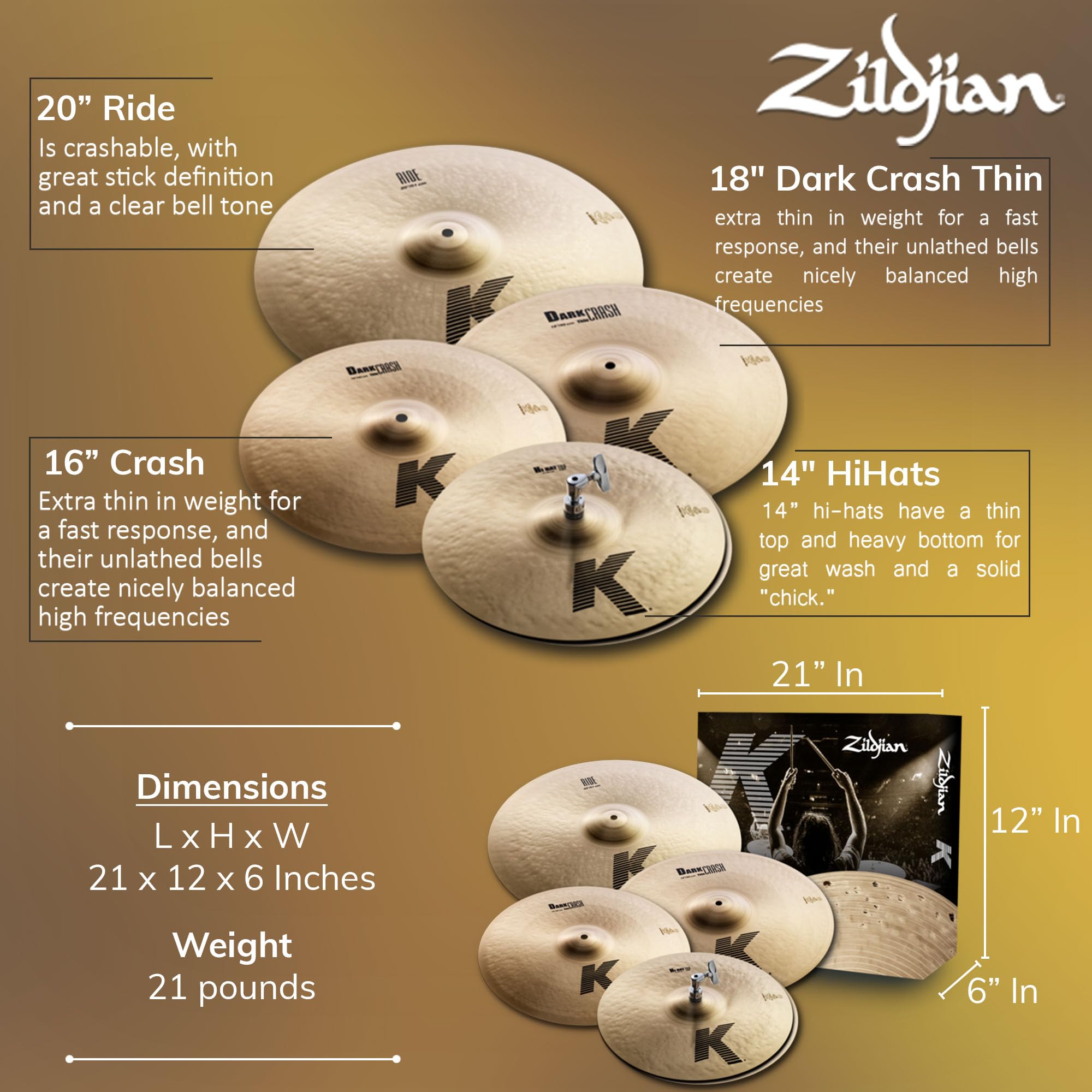 Zildjian K0800 K Cymbal Pack w/ Cymbal Bag