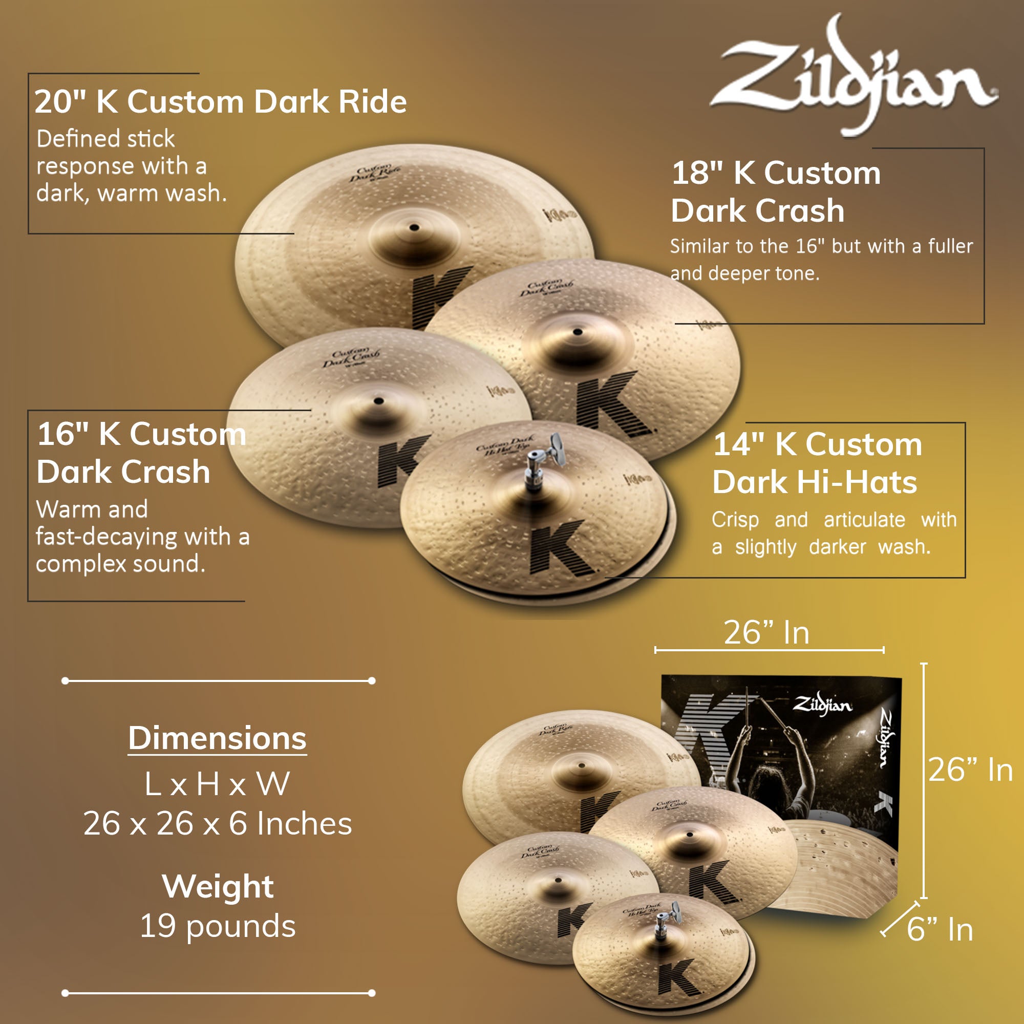 Zildjian KCD900 K Custom Dark Cymbal Pack w/ Cymbal Bag