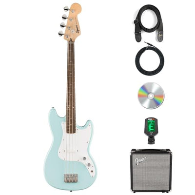 Fender Squier Sonic Bronco Bass Guitar - Daphne Blue w/ Rumble 15 Amplifier