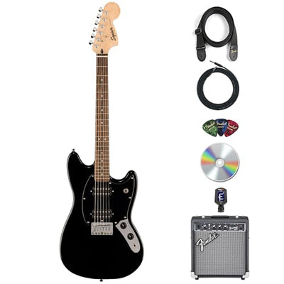 Fender Squier Sonic Mustang HH Electric Guitar - Black w/ Amplifier