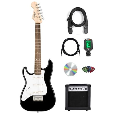 Fender Squier 3/4-Size Kids Mini Strat Electric Guitar, Left Handed - Black w/ Amplifier
