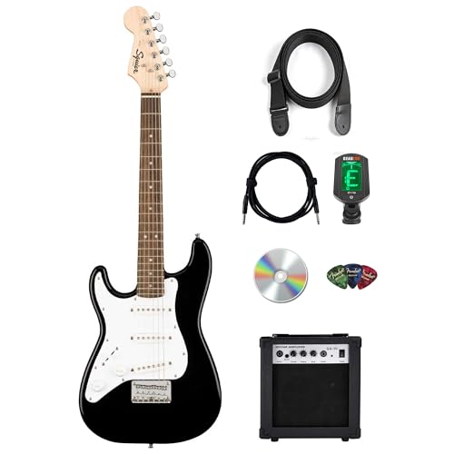 Fender Squier 3/4-Size Kids Mini Strat Electric Guitar, Left Handed - Black w/ Amplifier