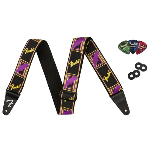 Fender Neon Monogrammed 2-Inch Guitar Strap - Purple and Yellow w/ Strap Blocks